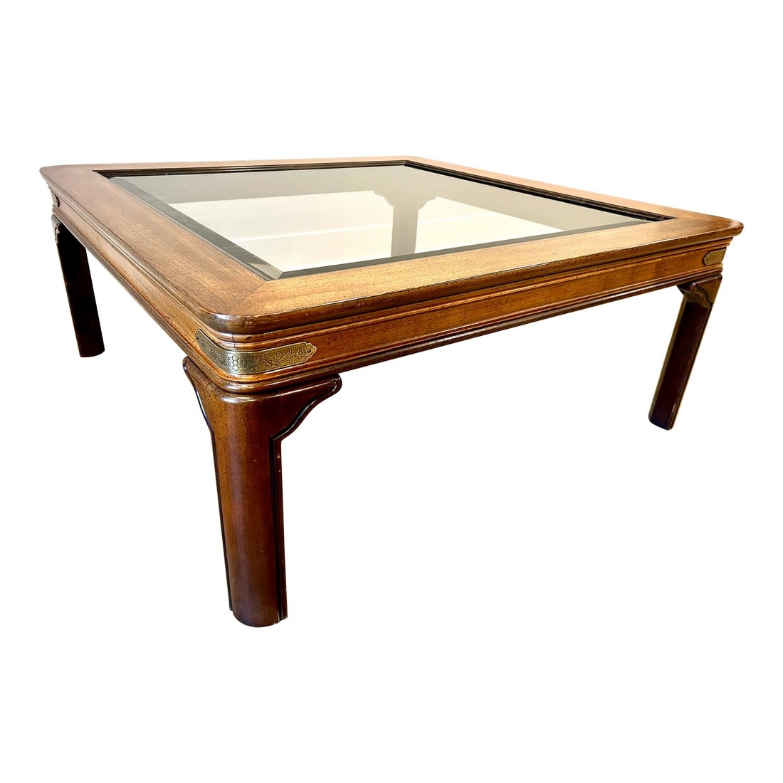 Vintage Walnut and Brass Square Campaign Glass Top Coffee Table: Elevate your interior with this elegant square vintage walnut coffee table, a stunning blend of timeless design and exceptional craftsmanship. Expertly made by Gordon's of Tennessee, this refined