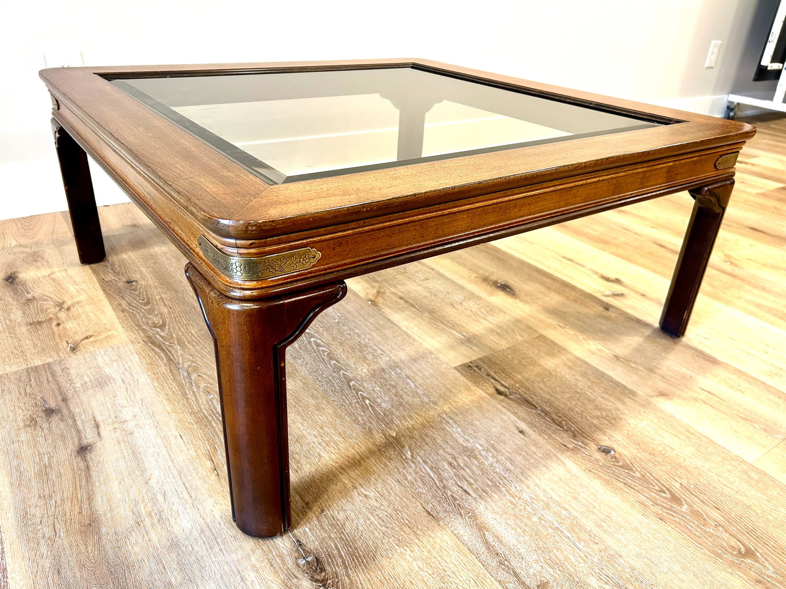 Vintage Walnut and Brass Square Campaign Glass Top Coffee Table - 2