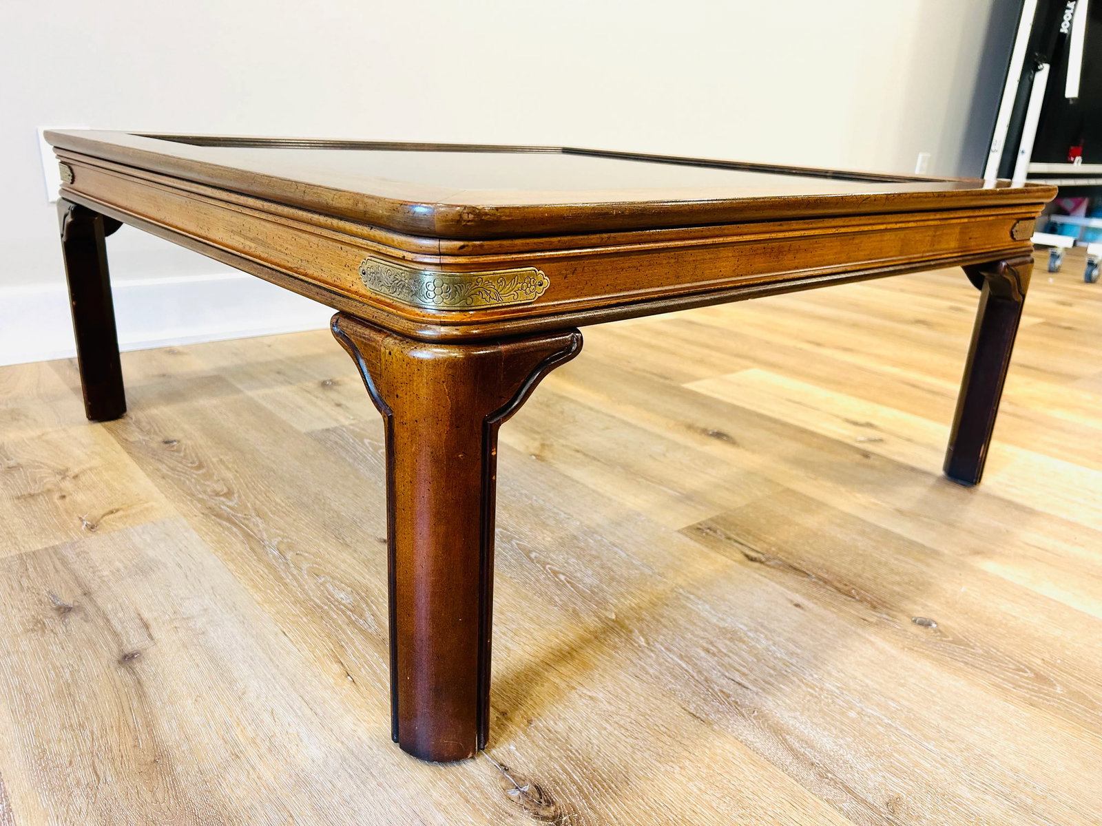 Vintage Walnut and Brass Square Campaign Glass Top Coffee Table - 3