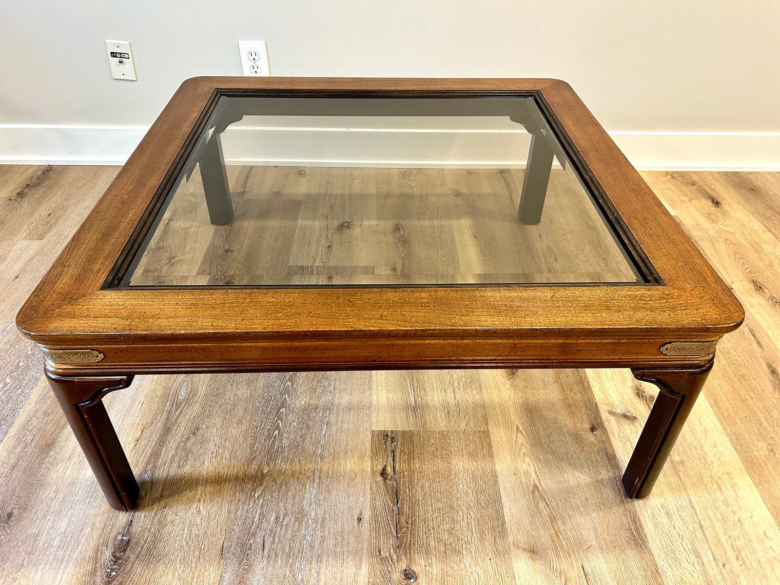 Vintage Walnut and Brass Square Campaign Glass Top Coffee Table - 4