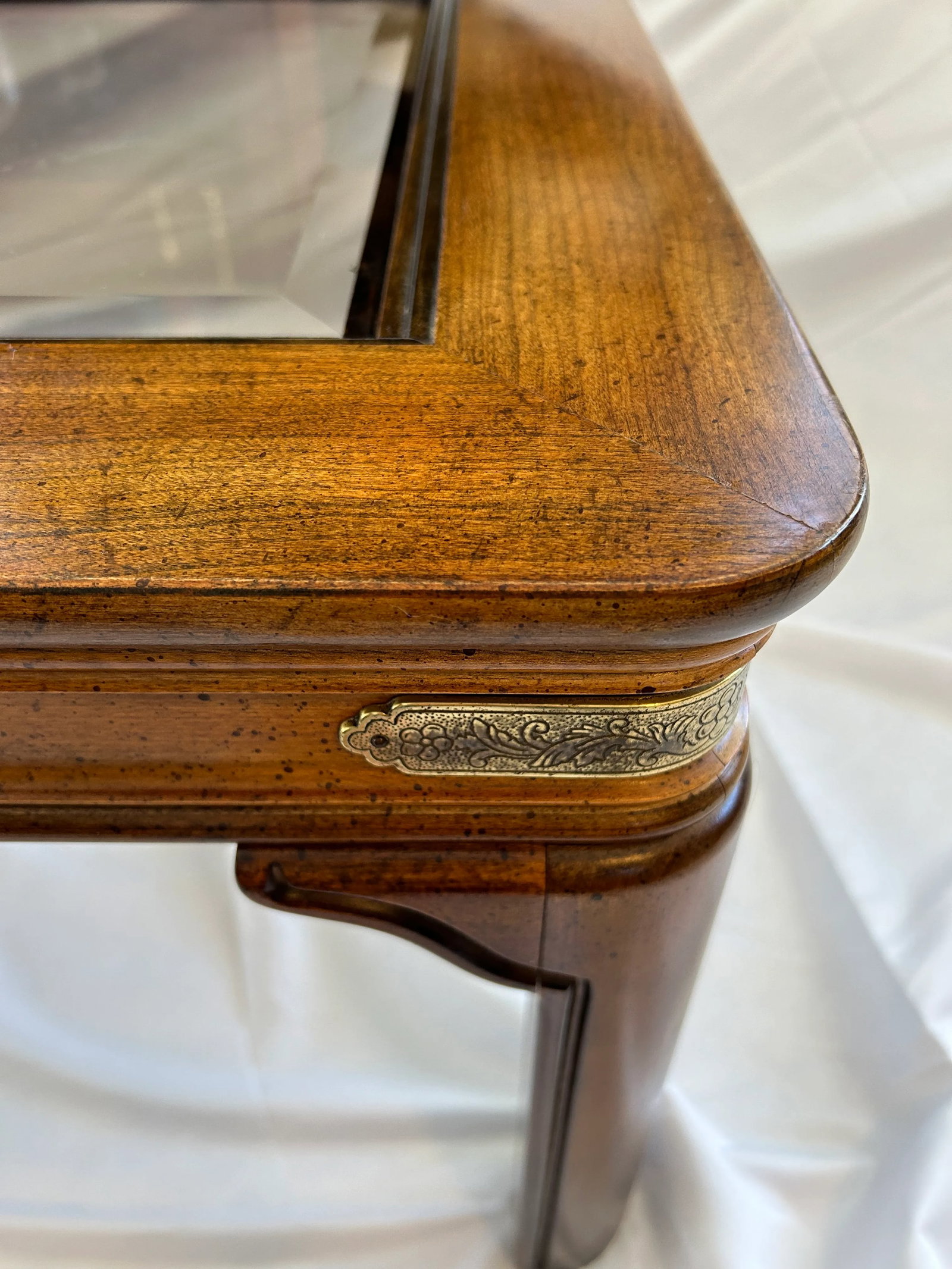Vintage Walnut and Brass Square Campaign Glass Top Coffee Table - 5