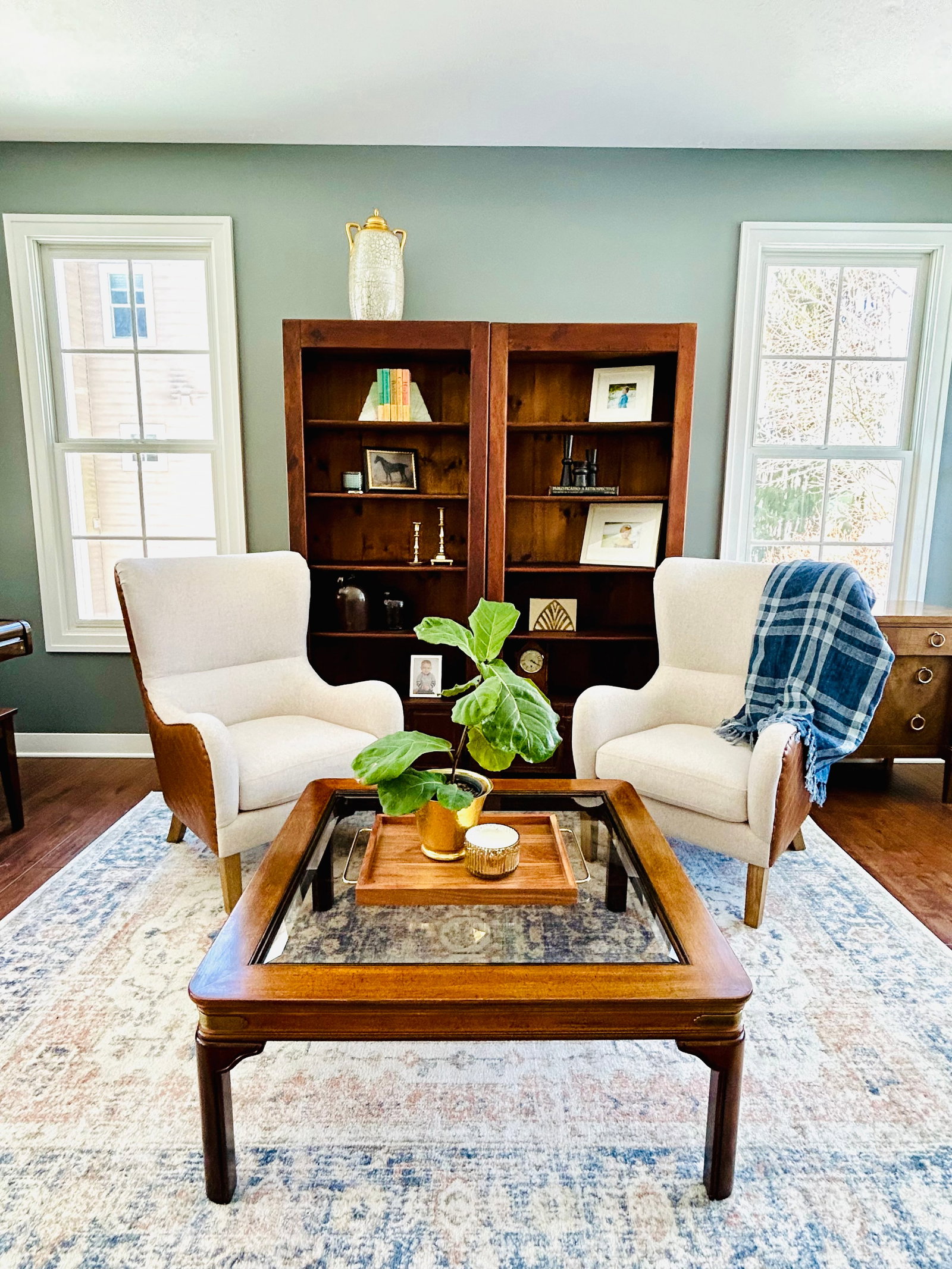 Vintage Walnut and Brass Square Campaign Glass Top Coffee Table - 7
