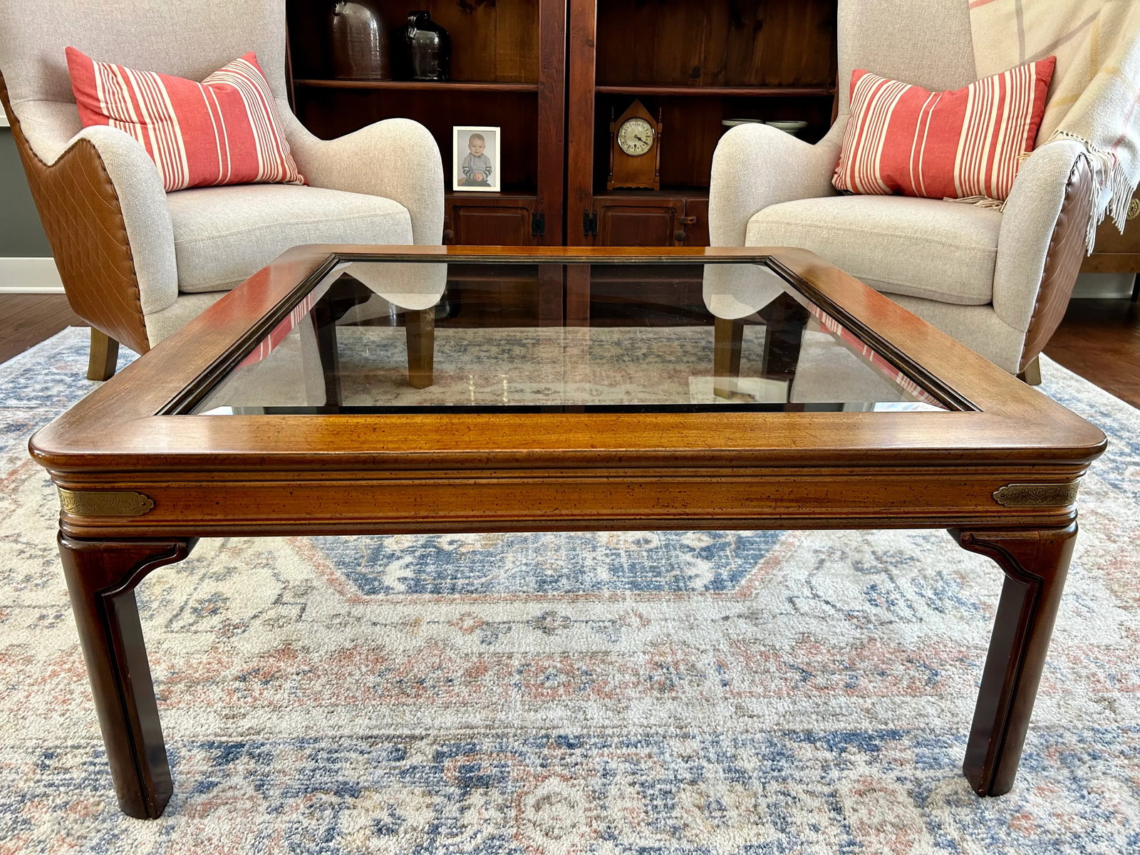 Vintage Walnut and Brass Square Campaign Glass Top Coffee Table - 8
