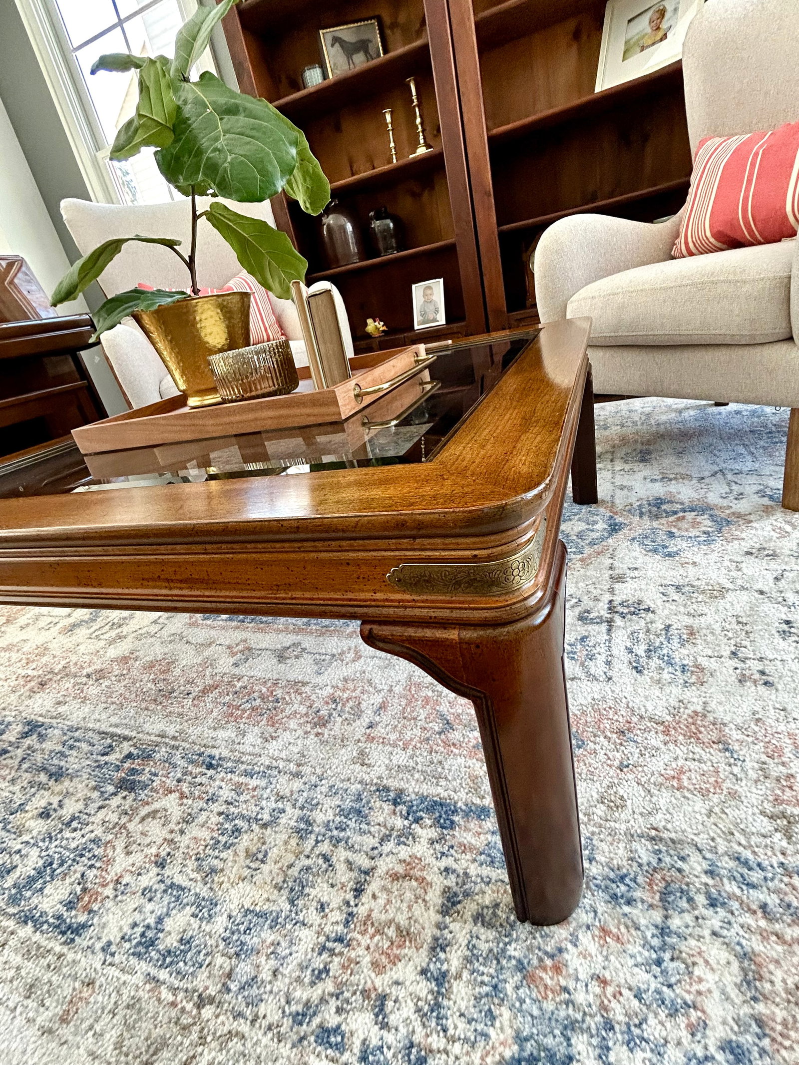 Vintage Walnut and Brass Square Campaign Glass Top Coffee Table - 9