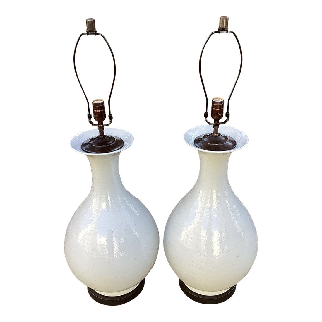 Antique Chinese Teardrop Vessels Mounted as Lamps With Oil Rubbed Bronze Hardware - a Pair: The vessels are antique Chinese pottery from the late 19th Century. They have vintage patina with signs of age and lots of character. They have been mounted on oil rubbed bronze bases with coordinated