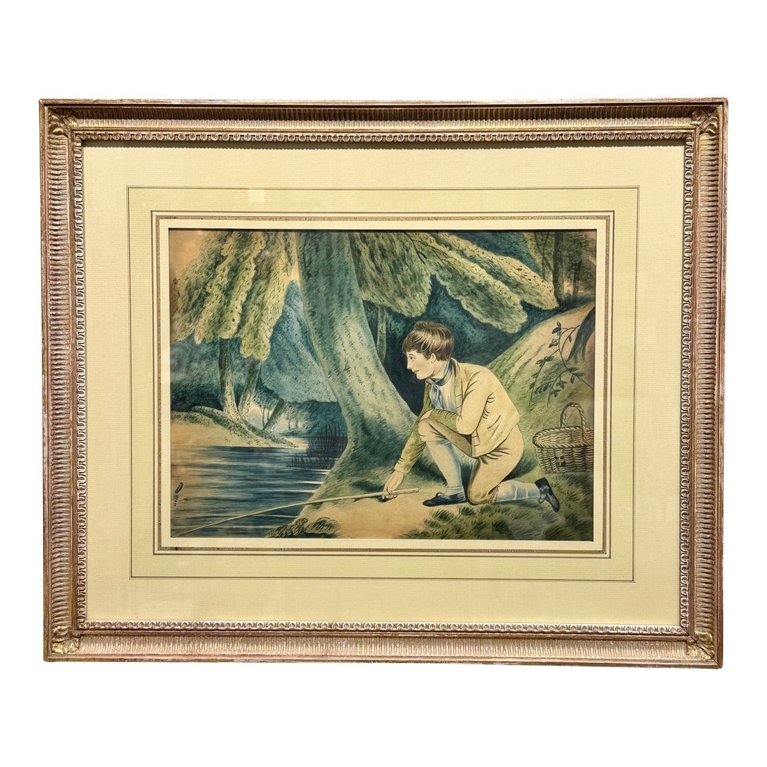 Antique English Hand Colored Print Boy Fishing, Framed: A distinguished decorative piece with antique charm, perfect for curated interiors or collections. From the 19th century, this scene captures the romantic sensibility and narrative detail typical of t