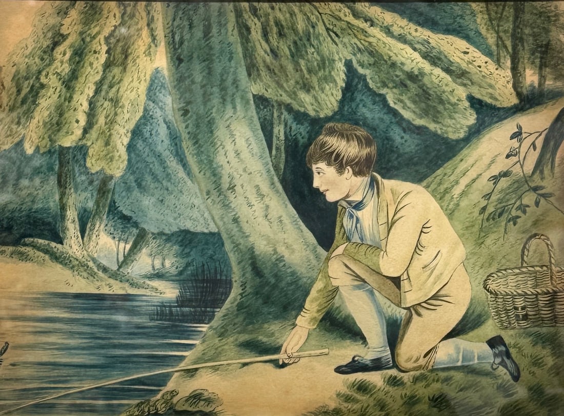 Antique English Hand Colored Print Boy Fishing, Framed - 2