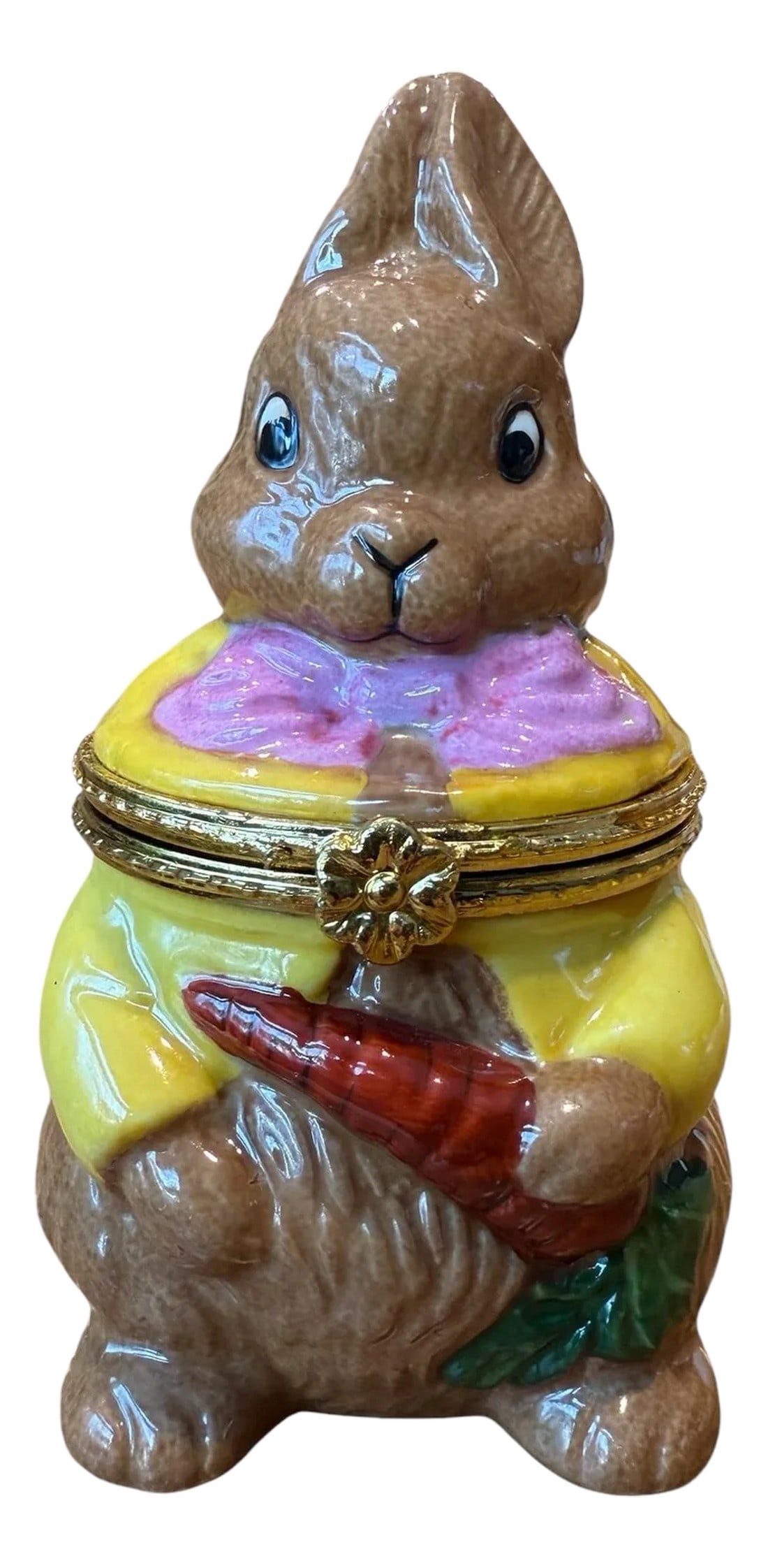 Late 20th Century Limoge Style Easter Bunny Rabbit Jewelry Trinket Box: In the style of Limoge a fun trinket jewelry box in a Peter Rabbit design holding a carrot. Bright colors in excellent condition. Hinged with decorative gold floral latch which closes properly.