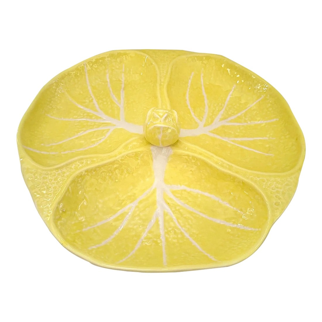 Vintage Secla Portugal Yellow Cabbage Leaf 3-Part Relish Dish: Yellow Cabbage Leaf 3-Part Relish Dish by Secla great for Garden Parties. Mix and match with other cabbage leaf colors for a spring table scape. 13in w x 1.5in h 3in h center Make sure to follow me,