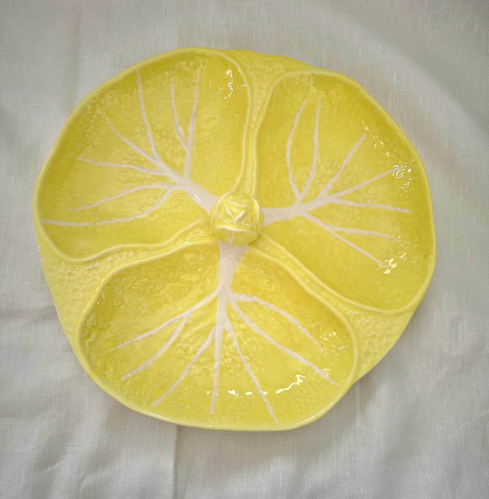 Vintage Secla Portugal Yellow Cabbage Leaf 3-Part Relish Dish - 4