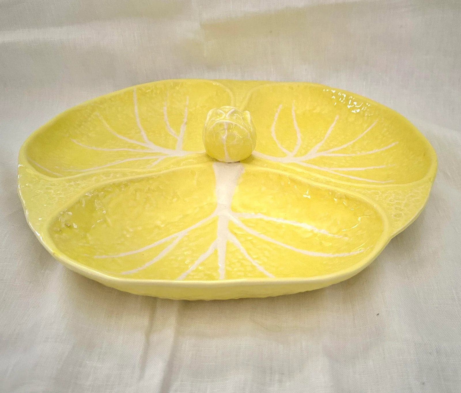 Vintage Secla Portugal Yellow Cabbage Leaf 3-Part Relish Dish - 5