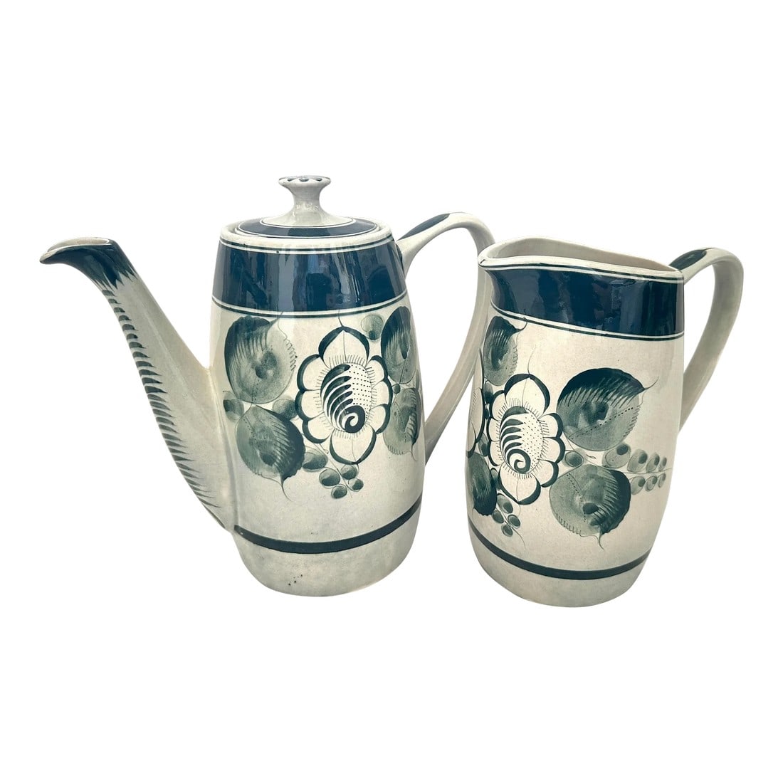 Vintage Pair of Ceramica Artistica "Gomez" Tea Pot/Pitcher: Vintage Pair of Ceramica Artistica "Gomez" Tea Pot & Pitcher Combo. Hand painted green floral print with a greige background. I also have more to this collection in my listings that consist of plates,