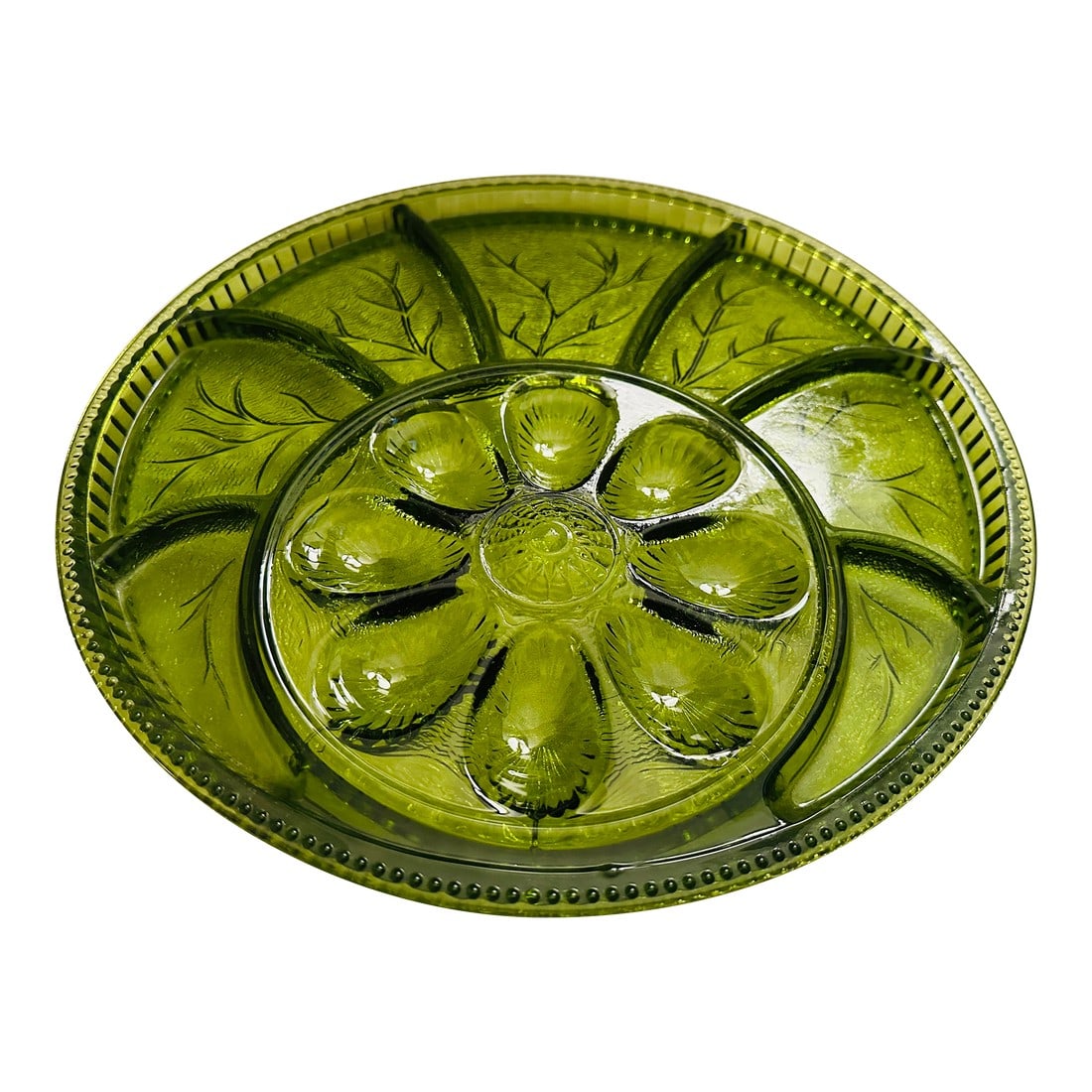 13in Round 8 Egg Slot, 7 Section Avocado Green Dish: Vintage 8 egg slot and 7sec Serving Dish by Indiana Glass. Avocado green in color, branch design. Perfect to mix and match with other green glass or other vintage glass colors. 13in round with 8 egg s