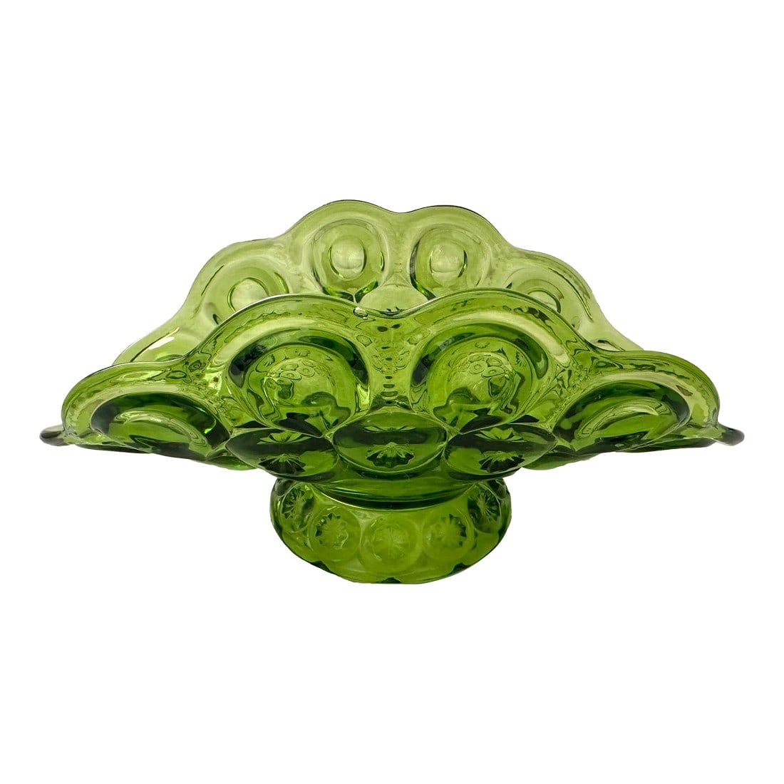 Vintage Moon & Stars Low Banana/Fruit Dish: Vintage Moon & Stars Low Banana/Fruit Stand or Dish, great also as a centerpiece. Pressed glass, Smith glass 1940-2004 Perfect to mix and match with other green glass and colored glass for a beautiful