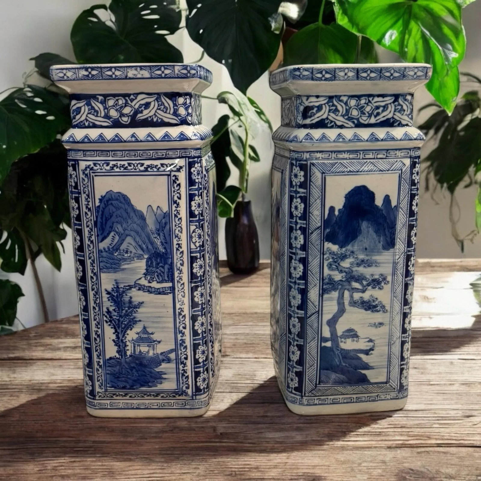 Vintage Chinese Qianlong Style Blue and White Porcelain Vases- a Pair - 2