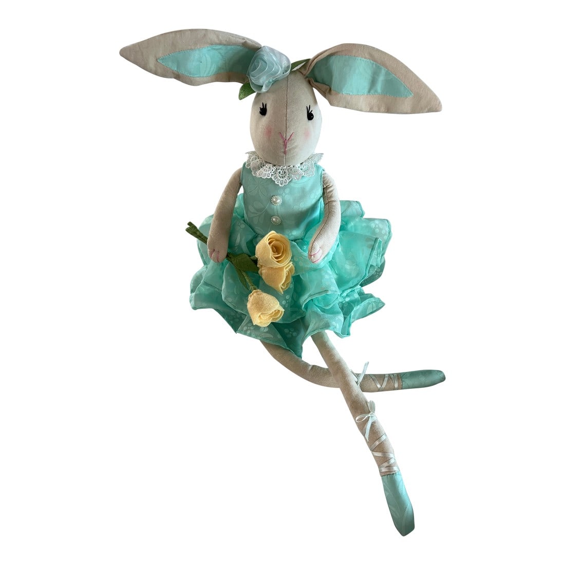Ballerina Bunny Rabbit Teal Dress Yellow Flowers. 28": Cute ballerina bunny holding yellow flowers. This little girl has a weighed bottom so she can sit on the shelf edge as well. Not a toy for decorative purposes only. Condition: Alterations: Original