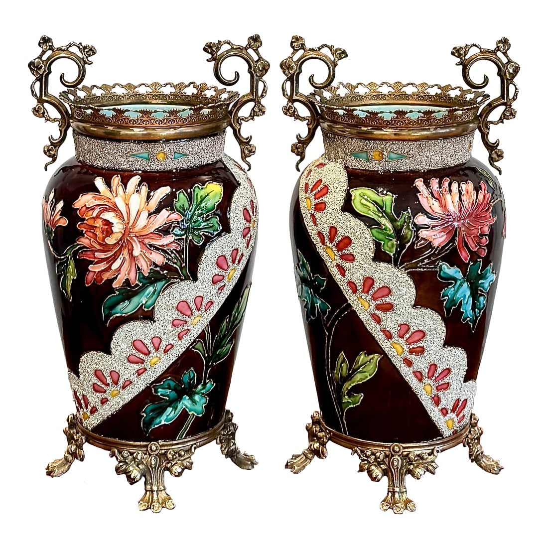 Edouard Gilles French Ceramic Vases, Pair, Circa 1880: Pair of French Barbotine vases by Edouard Gilles - lush florals and deep glaze, circa 1880. Our Edouard Gilles vases showcase the artist's mastery of barbotine decoration, a technique in which liquid