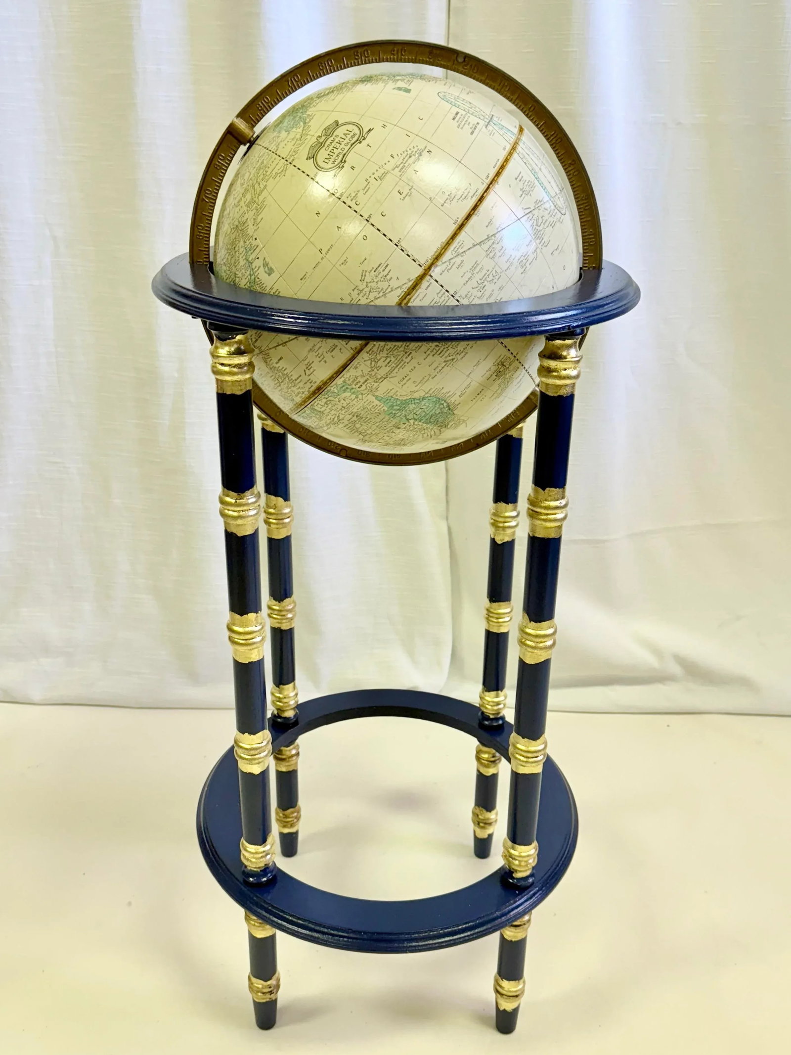 Vintage George F Cram's Imperial World Globe on Ink Blue Faux Bamboo Stand With Parcel Gilt Accents - 3