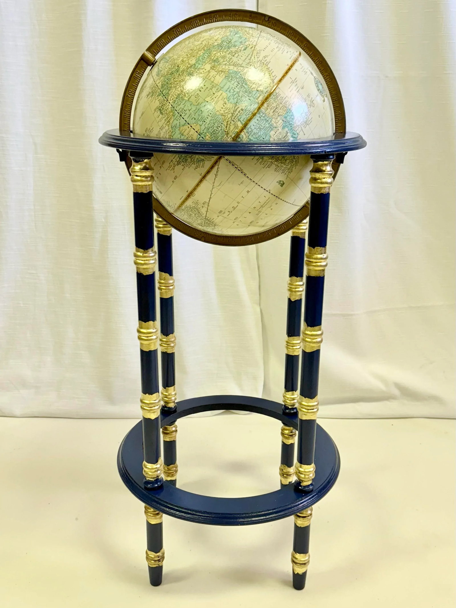 Vintage George F Cram's Imperial World Globe on Ink Blue Faux Bamboo Stand With Parcel Gilt Accents - 4