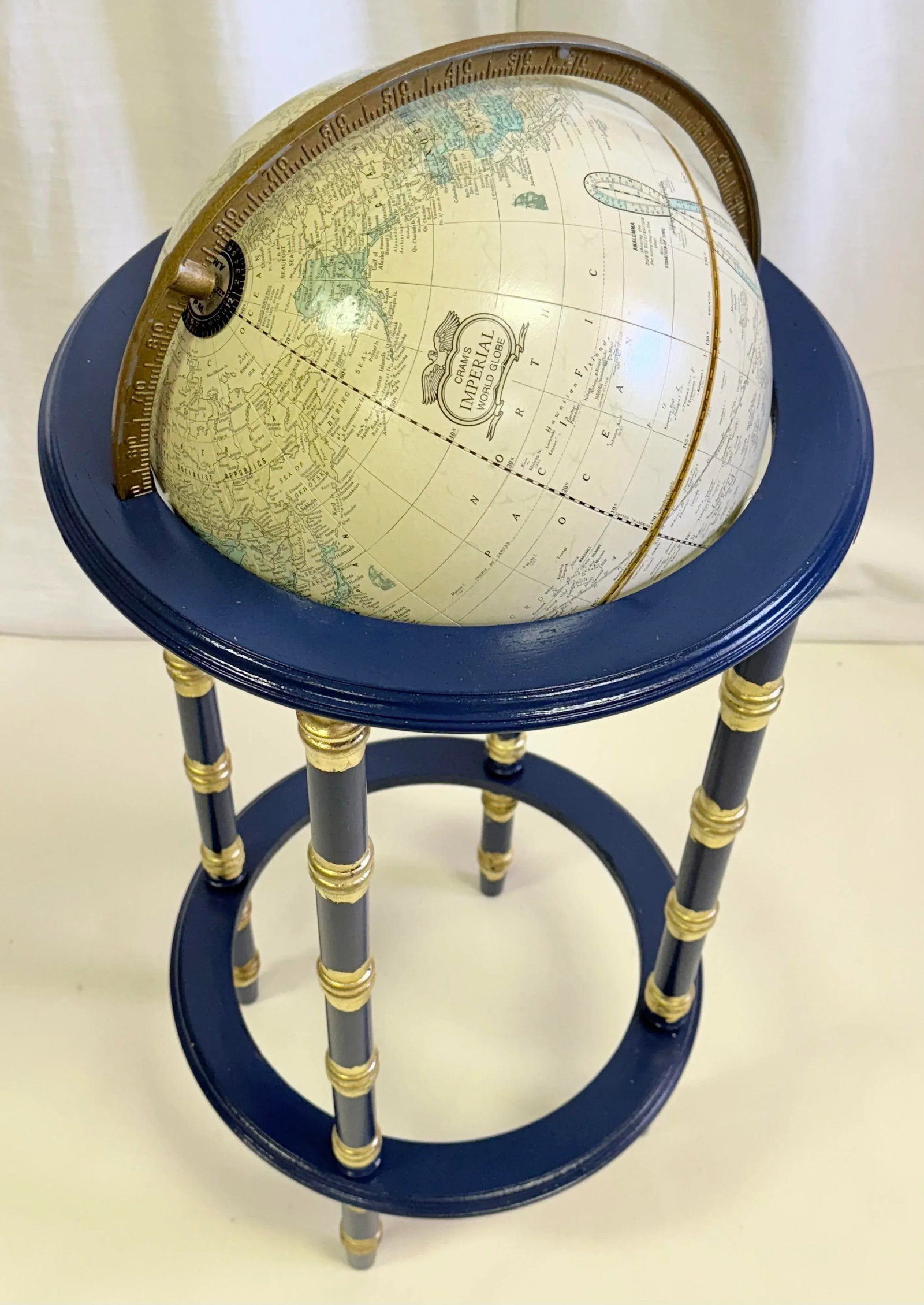Vintage George F Cram's Imperial World Globe on Ink Blue Faux Bamboo Stand With Parcel Gilt Accents - 5