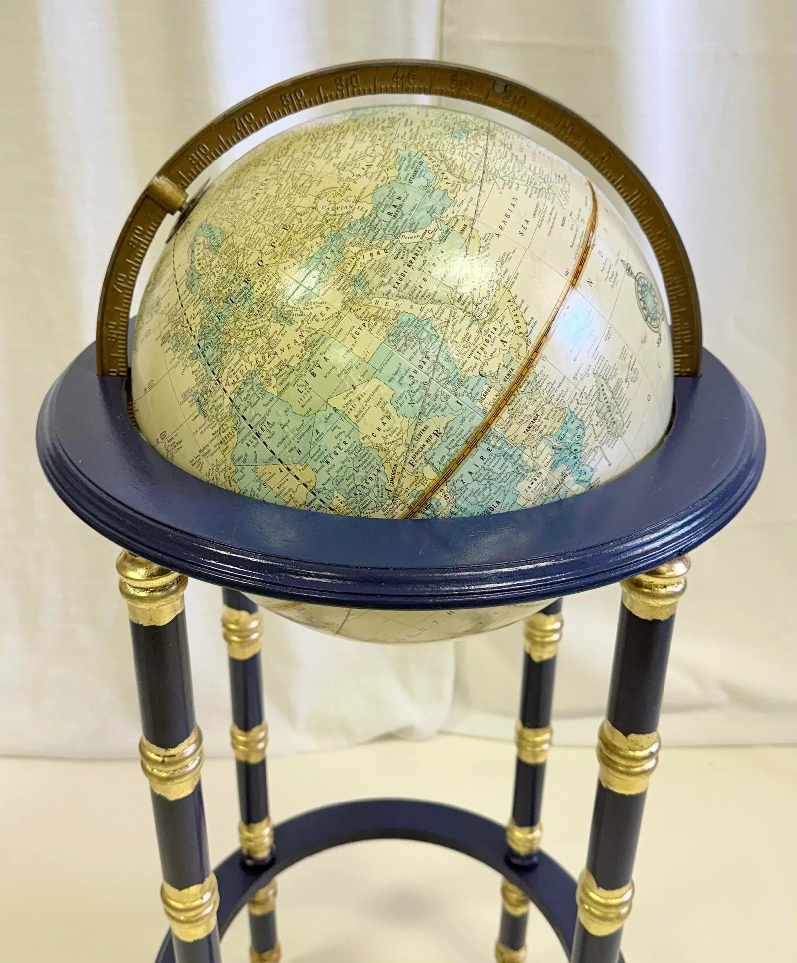 Vintage George F Cram's Imperial World Globe on Ink Blue Faux Bamboo Stand With Parcel Gilt Accents - 6