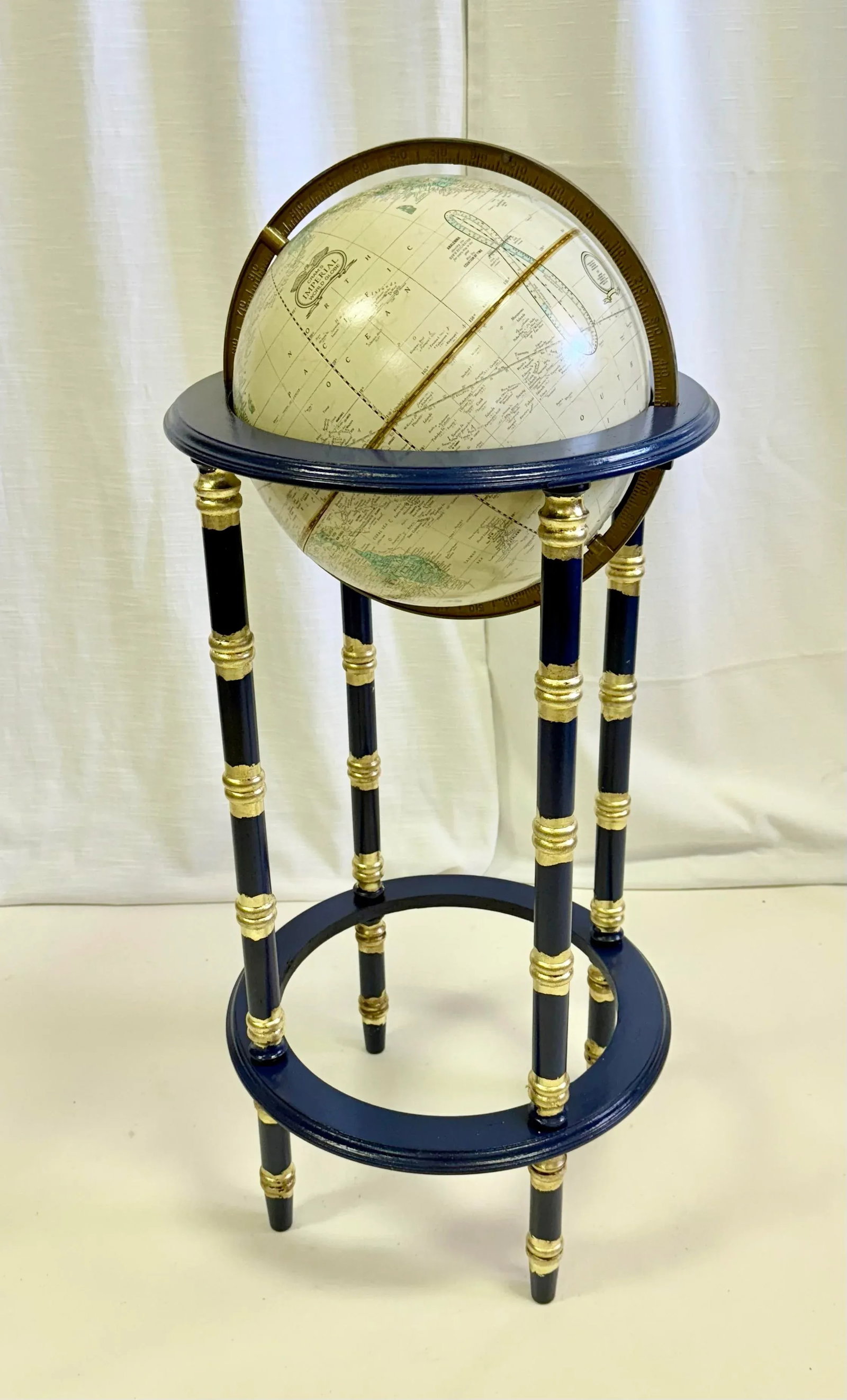 Vintage George F Cram's Imperial World Globe on Ink Blue Faux Bamboo Stand With Parcel Gilt Accents - 7