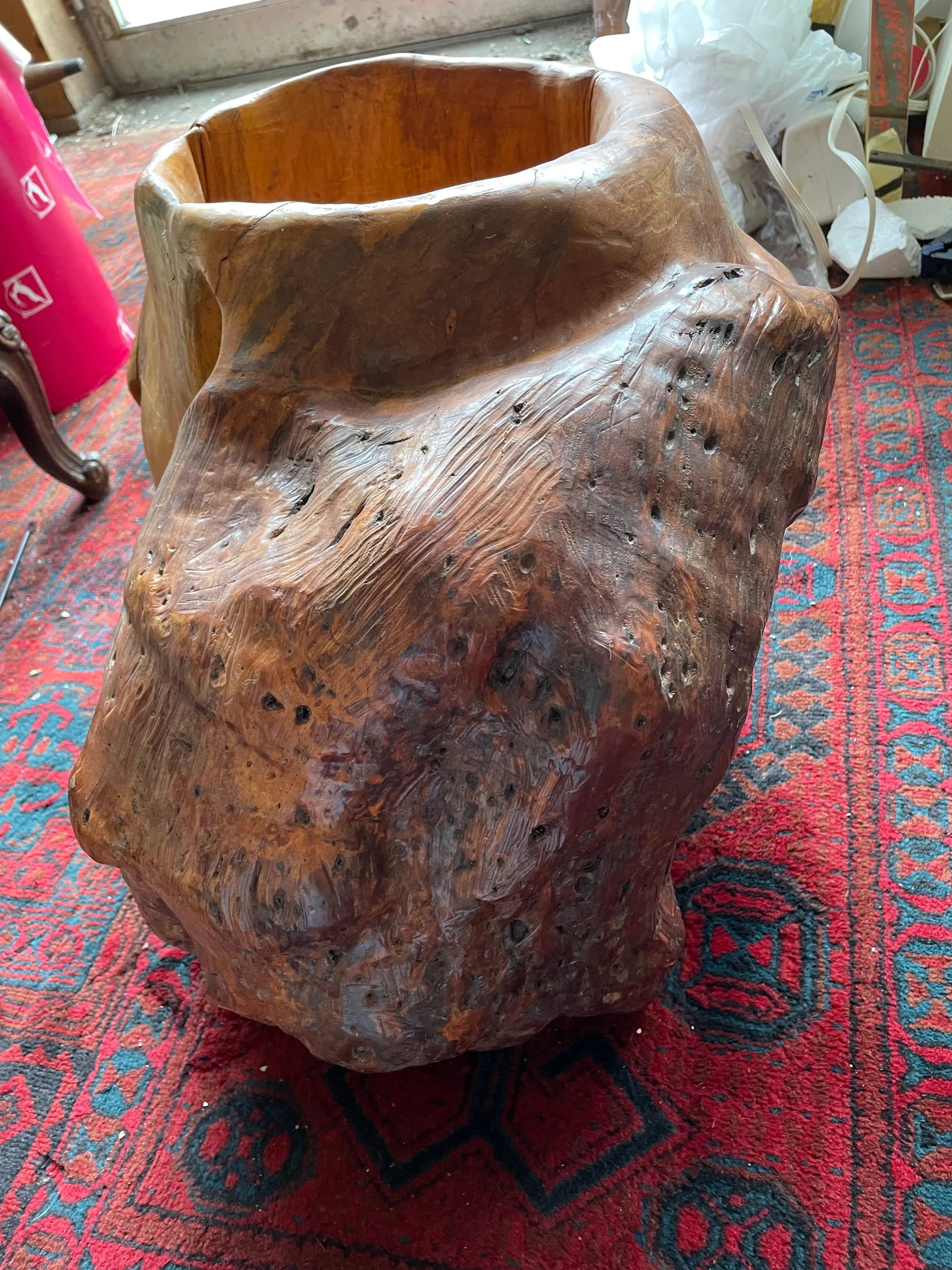 Abstract Free Form Burled Wood Sculpture Plant Stand Modern - 2