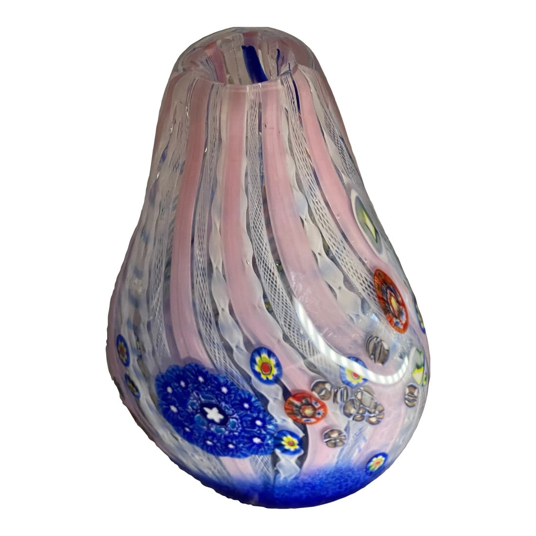 1960s Murano Millefiori Anzolo Fuga Attributed Elegant Stylish Svelt Art Glass Vase: This Murano Millefiori Art Glass Vase attributed to designer Anzolo Fuga is a rare and visually stunning piece that showcases exquisite floral patterns in a vibrant multicolor design. Handmade in