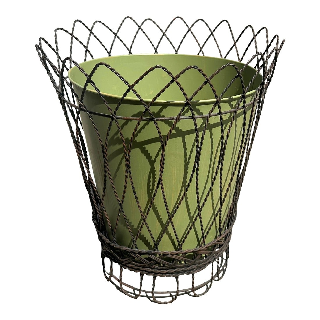 Vintage Wire Basket W/Green Planter Pot Liner: Vintage Distressed Wire Basket with Green Metal Pot Liner, can be used either as a plant holder or trash can. Perfect with a bouquet of faux flowers. Shabby Chic, Farmhouse look. Chippy paint finish.