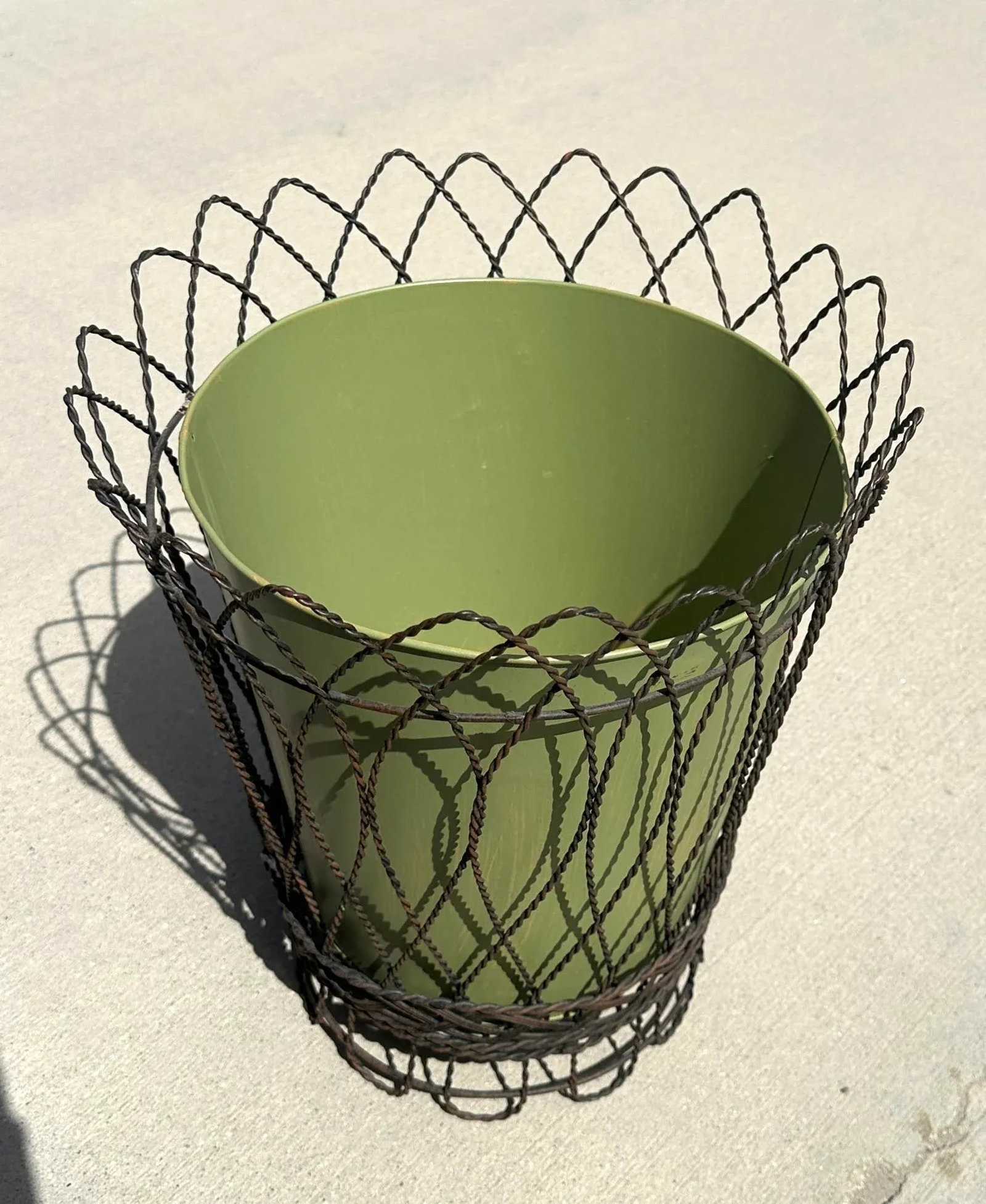 Vintage Wire Basket W/Green Planter Pot Liner - 3