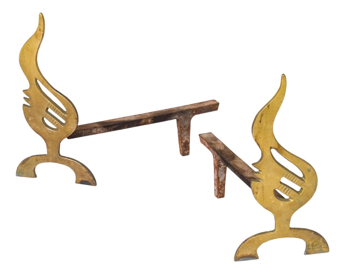 Pair of French 1970s Flame-Shaped Solid Bronze Andirons: Pair of modernist 1970s French solid bronze andirons in the shape of flames. Condition: Alterations: Original Condition Unaltered Imperfections: Some Imperfections Condition Notes: Wear consistent