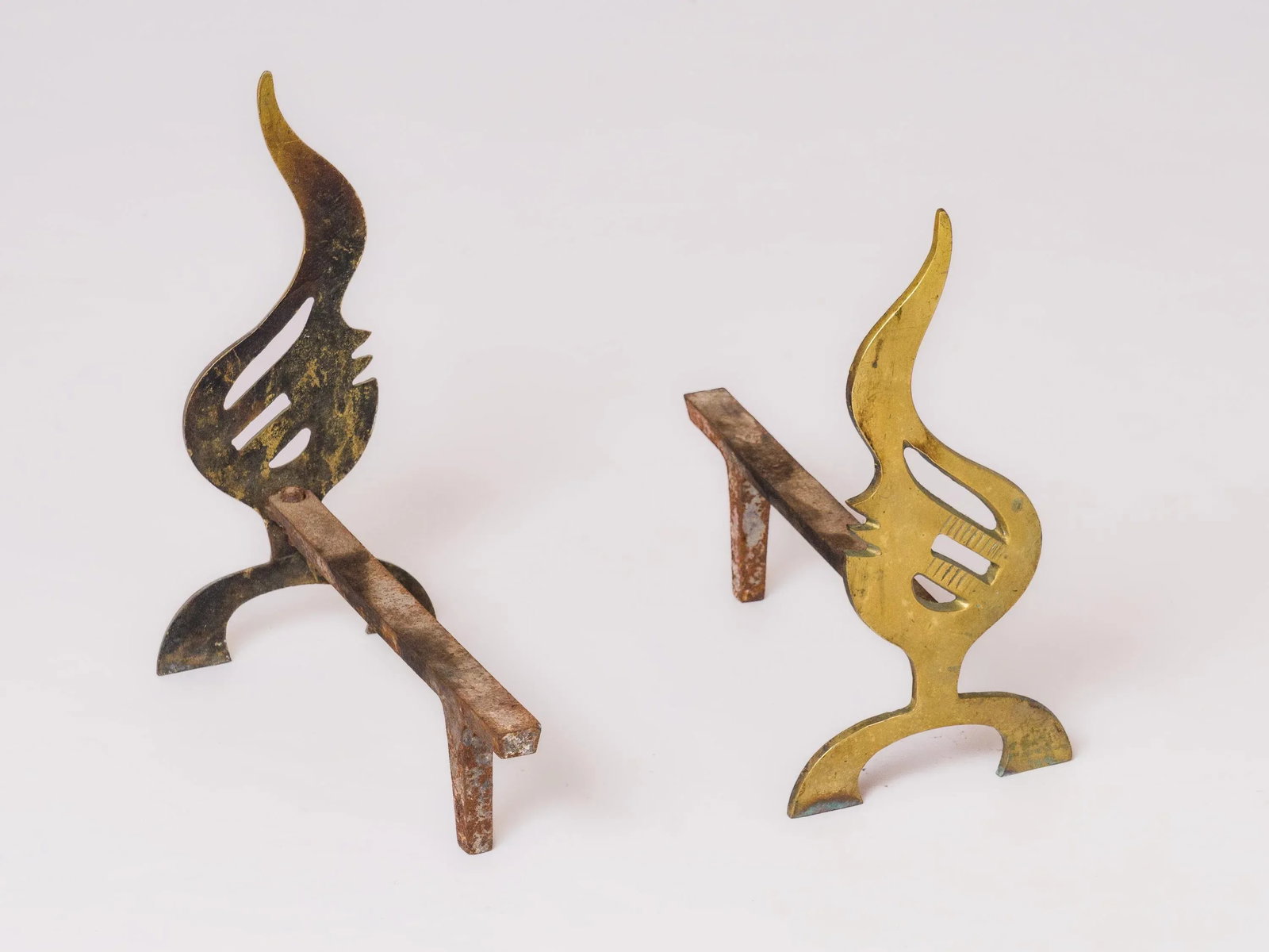Pair of French 1970s Flame-Shaped Solid Bronze Andirons - 2