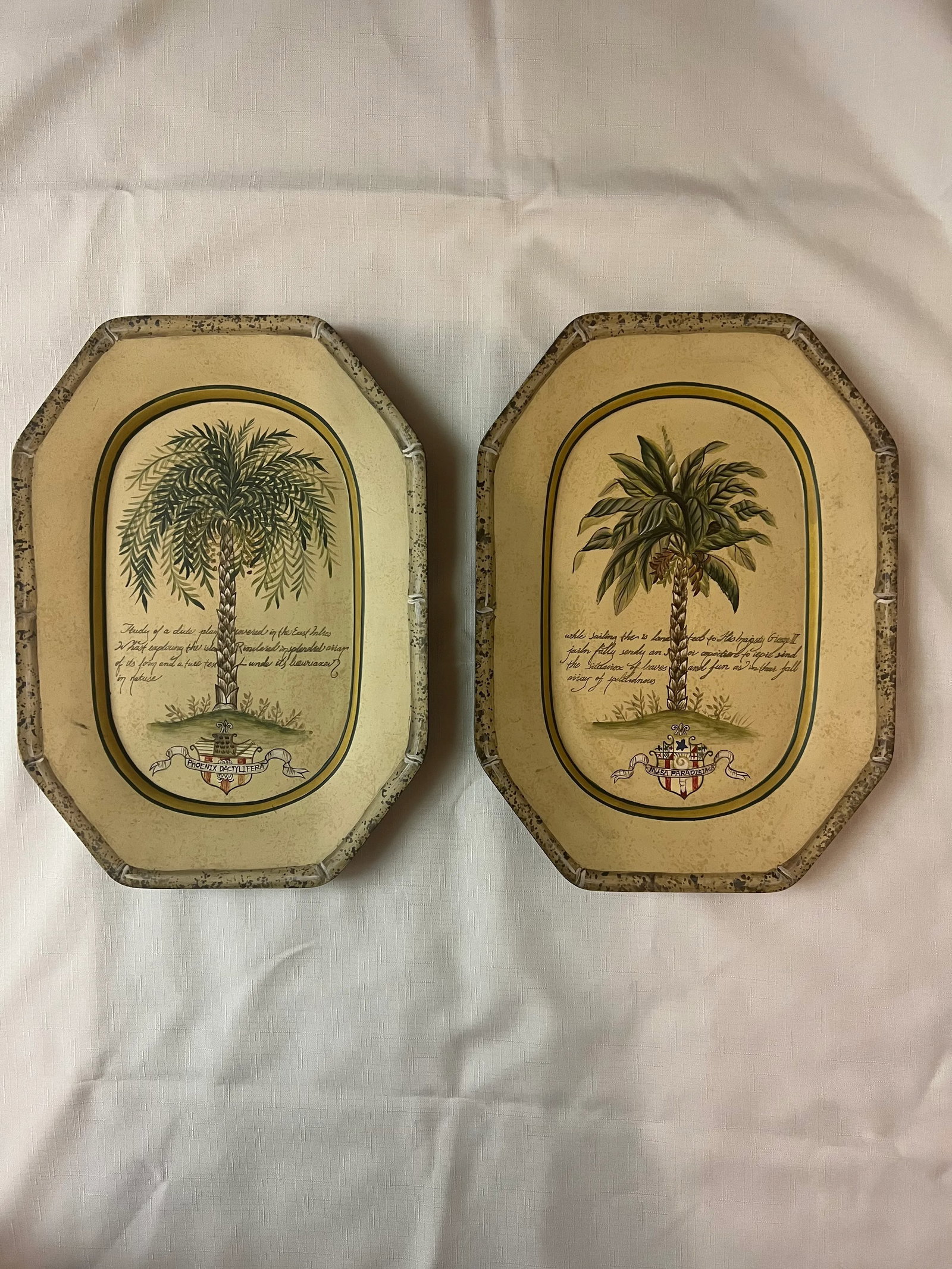 Vintage British Colonial Style Faux Bamboo and Palm Tree Decorative Trays / Plates- Set of 2 - 13