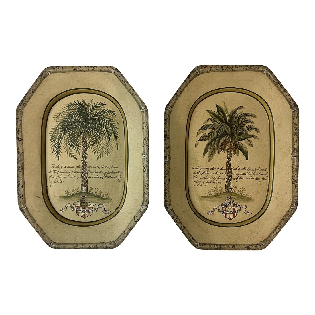 Vintage British Colonial Style Faux Bamboo and Palm Tree Decorative Trays / Plates- Set of 2: This is a divine pair of vintage British Colonial Style hand painted palm tree trays by Tan Sam Designs. The painting of the faux bamboo around the edges brings a sophistication to these hand painted