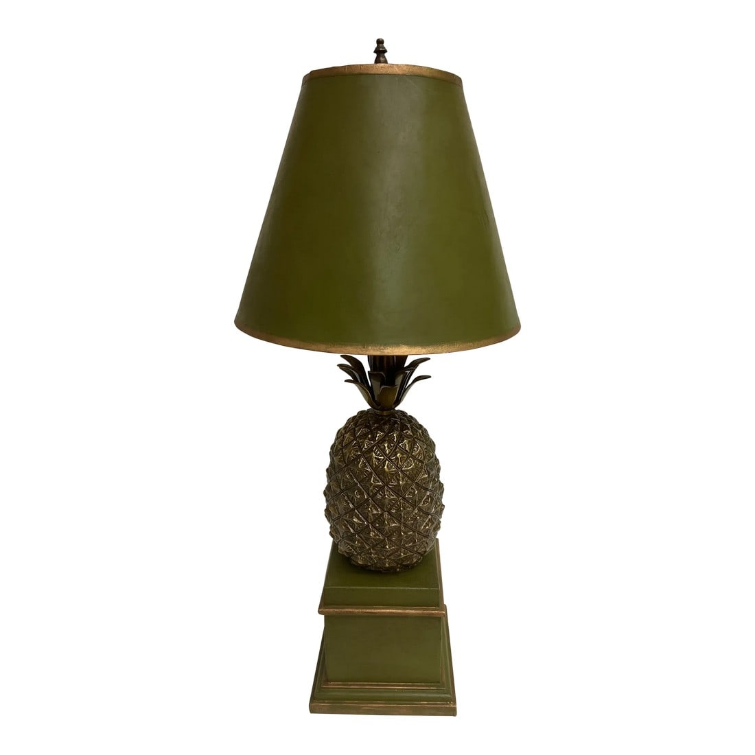 Vintage Hollywood Regency Brass Pineapple Table Lamp With Hand-Painted Green Shade - Newly Painted (1 of 9)