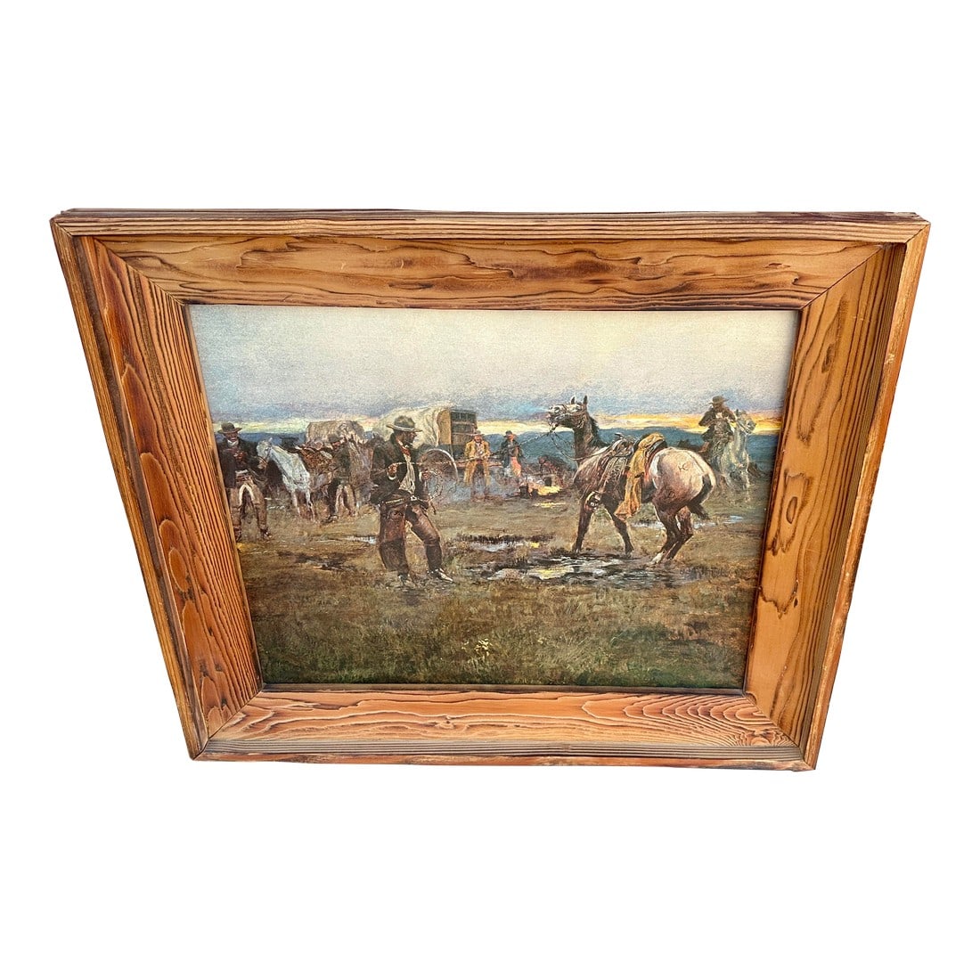 Vintage Old West Cowboy/Horse Print: Vintage Old West Cowboy/Horse Scene on cardboard with a rustic wood frame. Perfect for office, kids room or family room. 26.75in h x 30.75in w x 2in d Make sure to follow me, I have flash sales