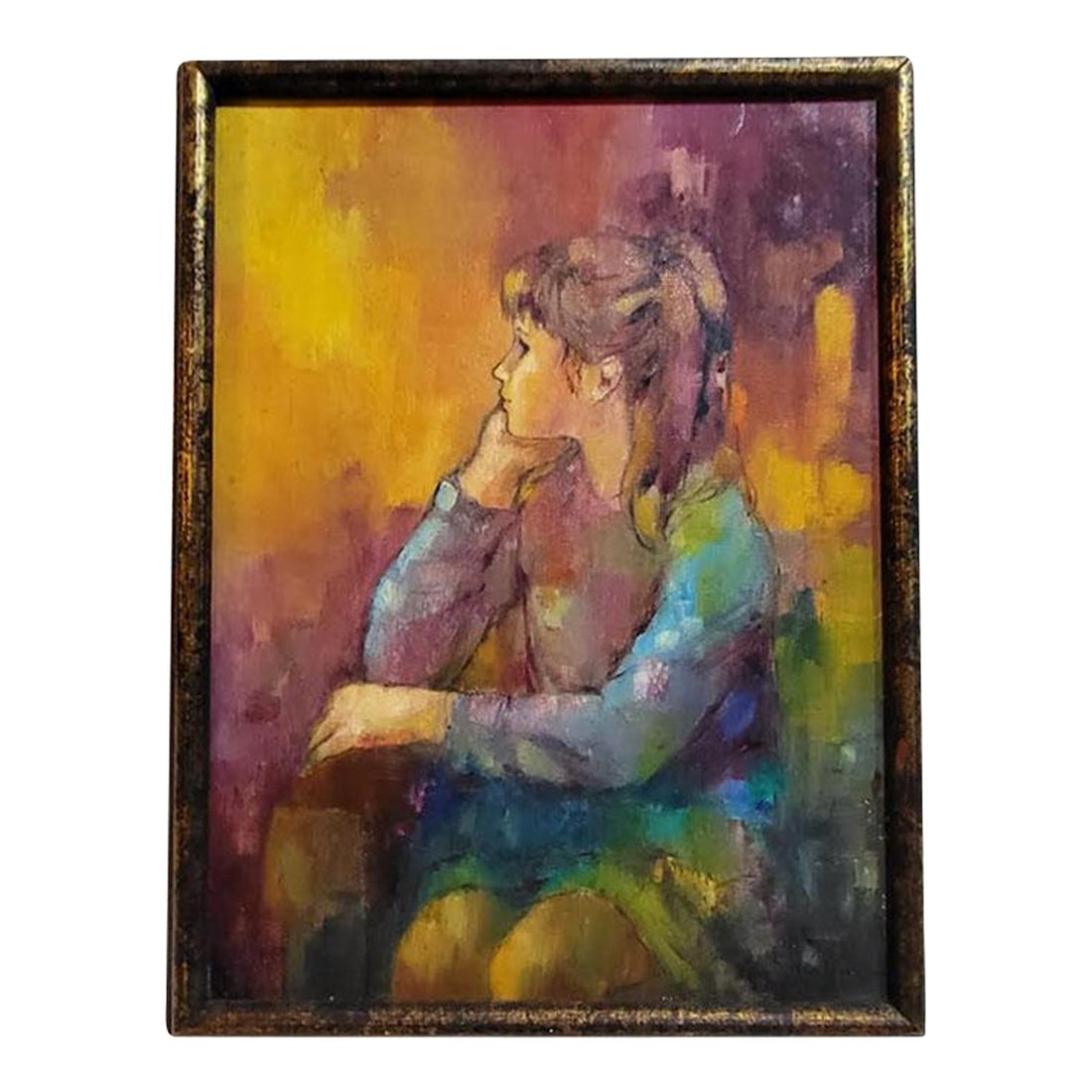 Charming Portrait of a Young Girl Oil Painting: Charming oil painting of a lovely young lady staring pensively to the right Vibrant colors, nicely framed, wire on back for hanging. Signed lower right, age is estimated Condition: Alterations: