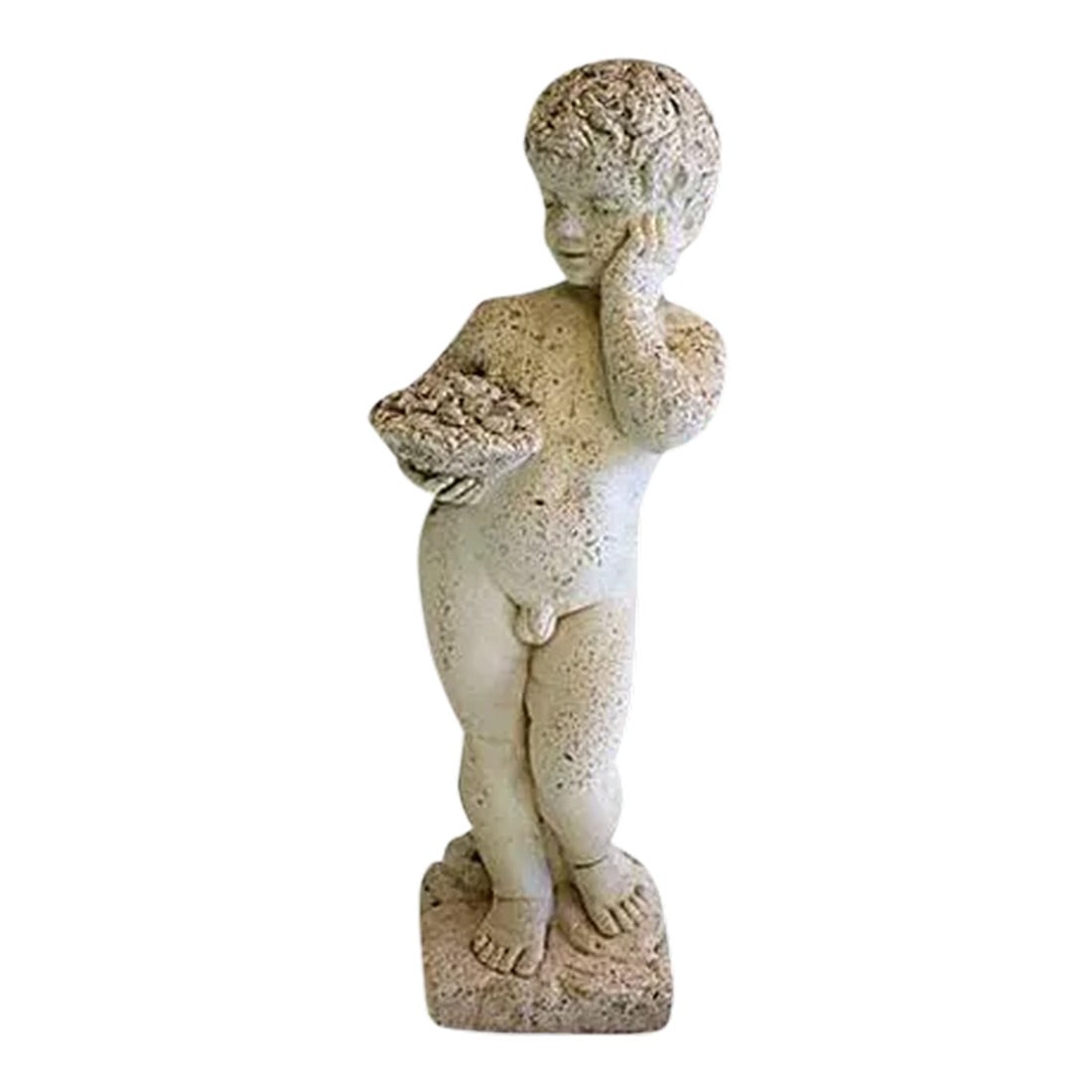 Putto Garden Statue: Putto garden statue, eroded from decades of outdoor exposure. Concrete/stone. White. Wear commensurate with age. Marked down several times, price is NOT NEGOTIABLE. Thank you for understanding. 