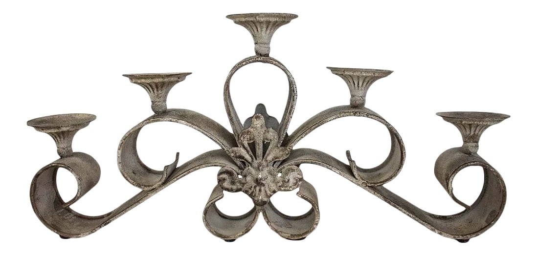 Wrought Iron Candle Holder - Sandy Texture: Vintage wrought iron candle holder holds five candles. Unique in texture and color. Sandy finish done in a taupe color. Condition: Alterations: Original Condition Unaltered Imperfections: Some