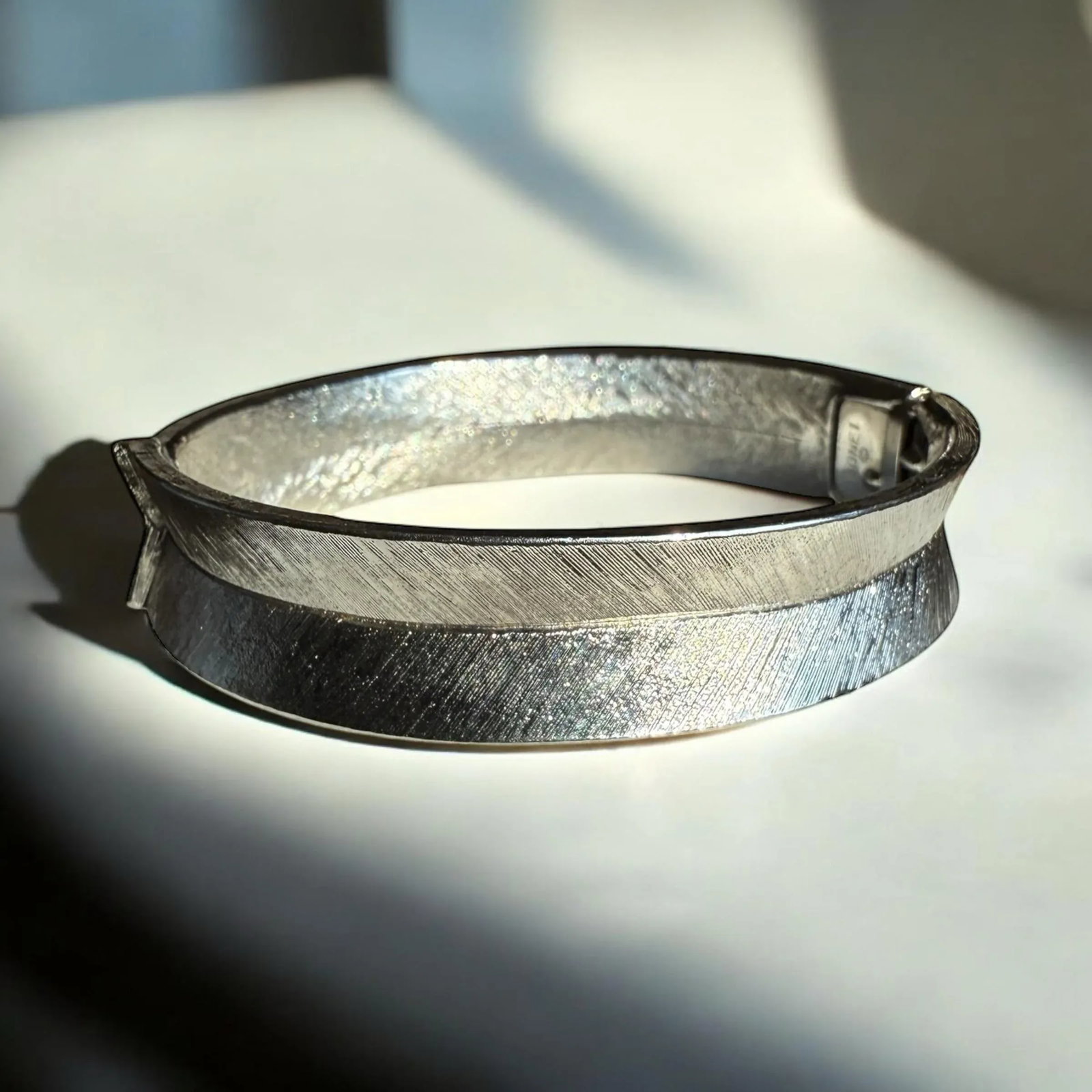 Mid 20th Century Monet Silvertone Textured Spring Clasp Cuff Bracelet - 6