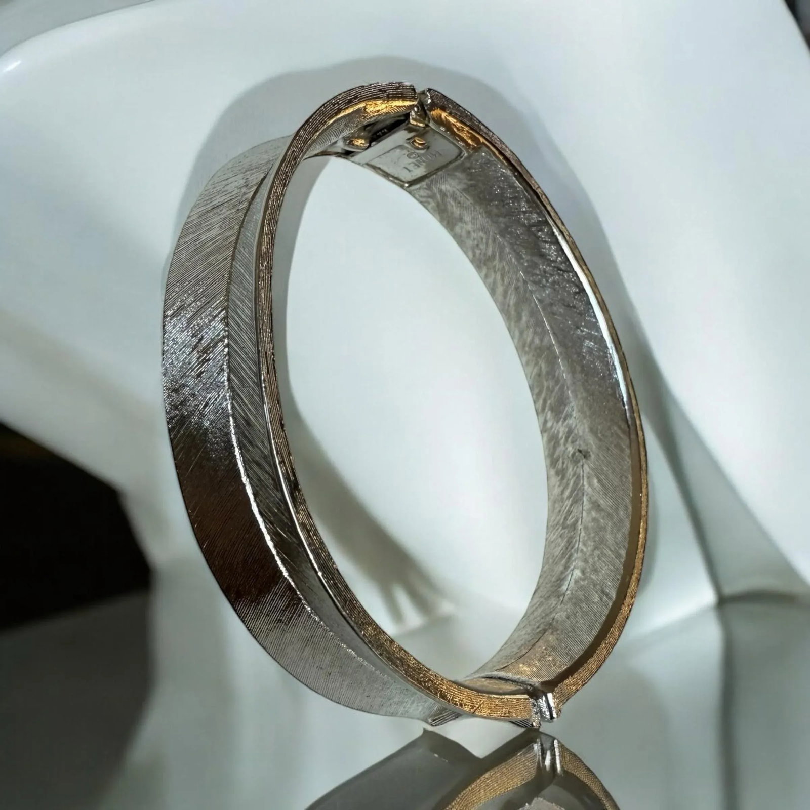 Mid 20th Century Monet Silvertone Textured Spring Clasp Cuff Bracelet - 7