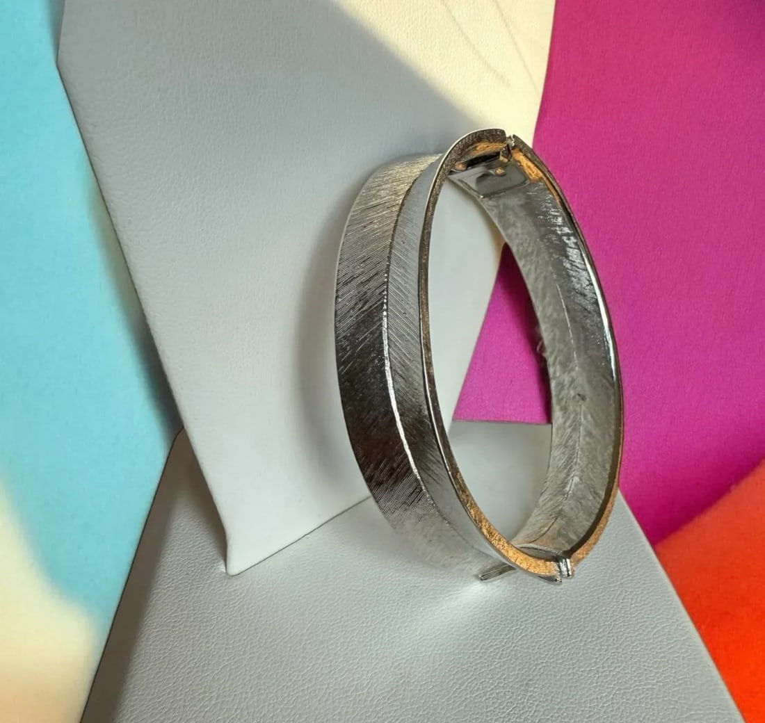 Mid 20th Century Monet Silvertone Textured Spring Clasp Cuff Bracelet - 8