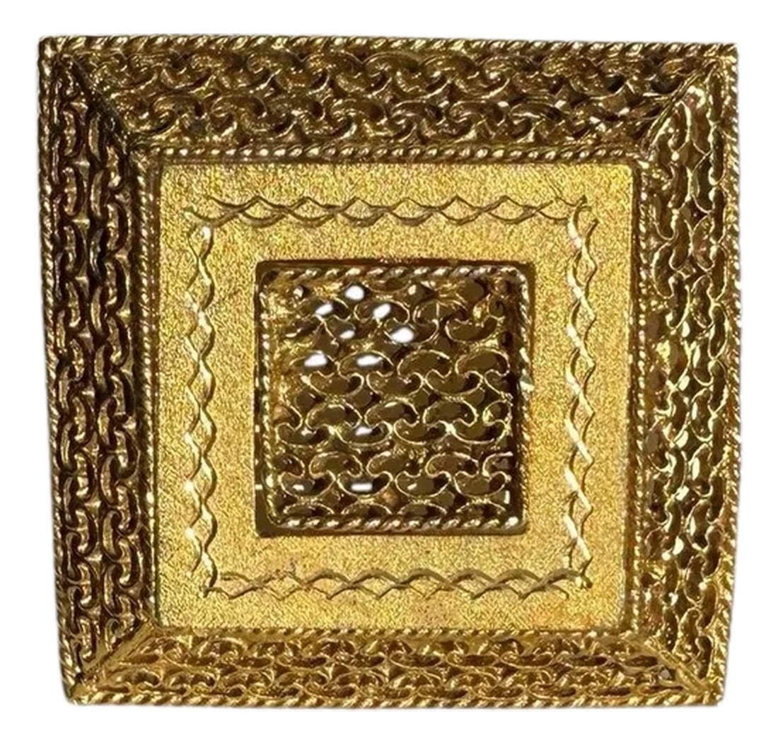 Vintage 1960's Etruscan Revival Square Textured Filigree Brooch: Vintage 1960s Etruscan Revival Filigree Brass-toned Square Brooch Unmarked 1.875" square x .25" deep Minor gold tone wear consistent with age and use Condition: Alterations: Original Condition