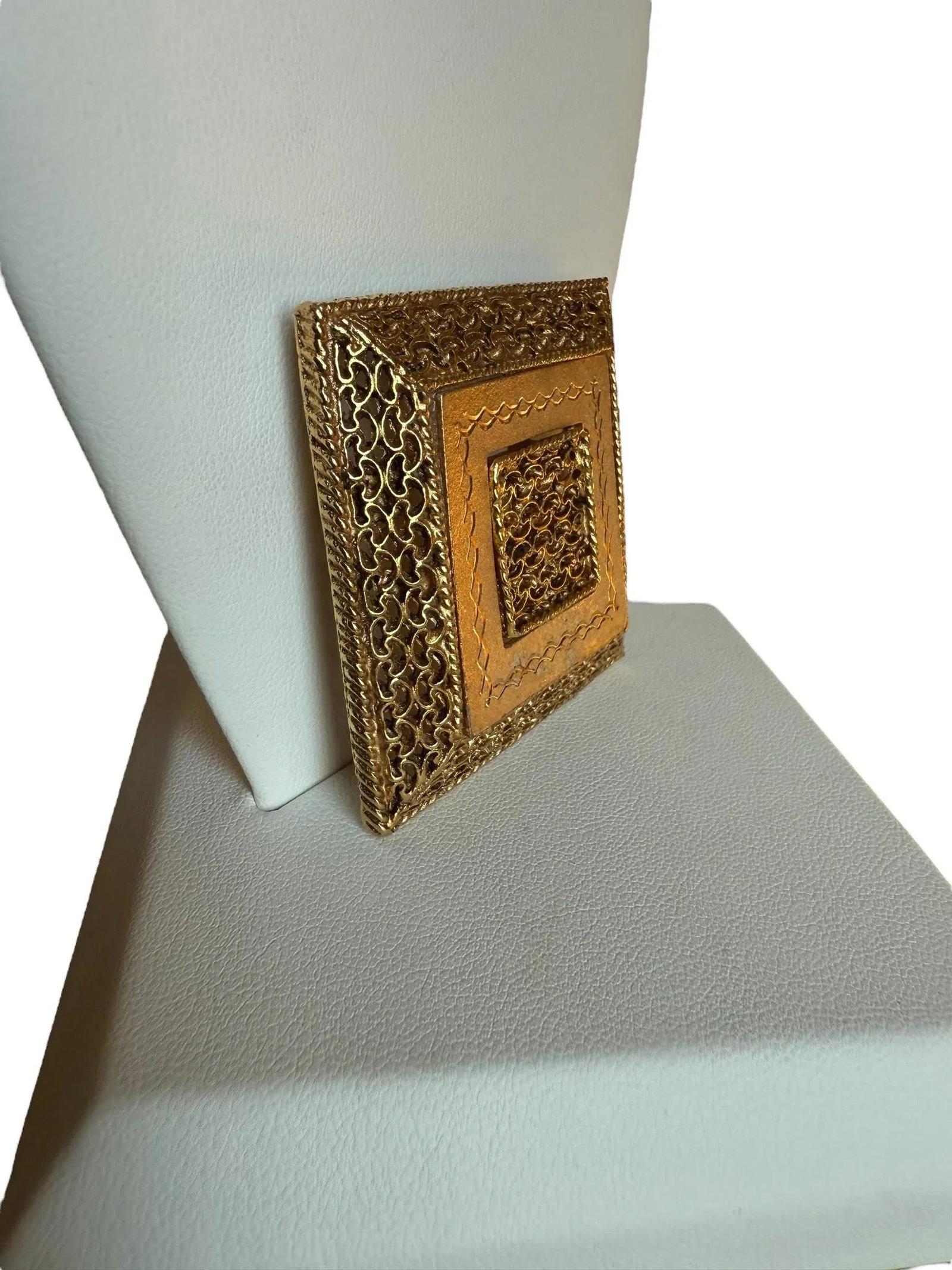 Vintage 1960's Etruscan Revival Square Textured Filigree Brooch - 2