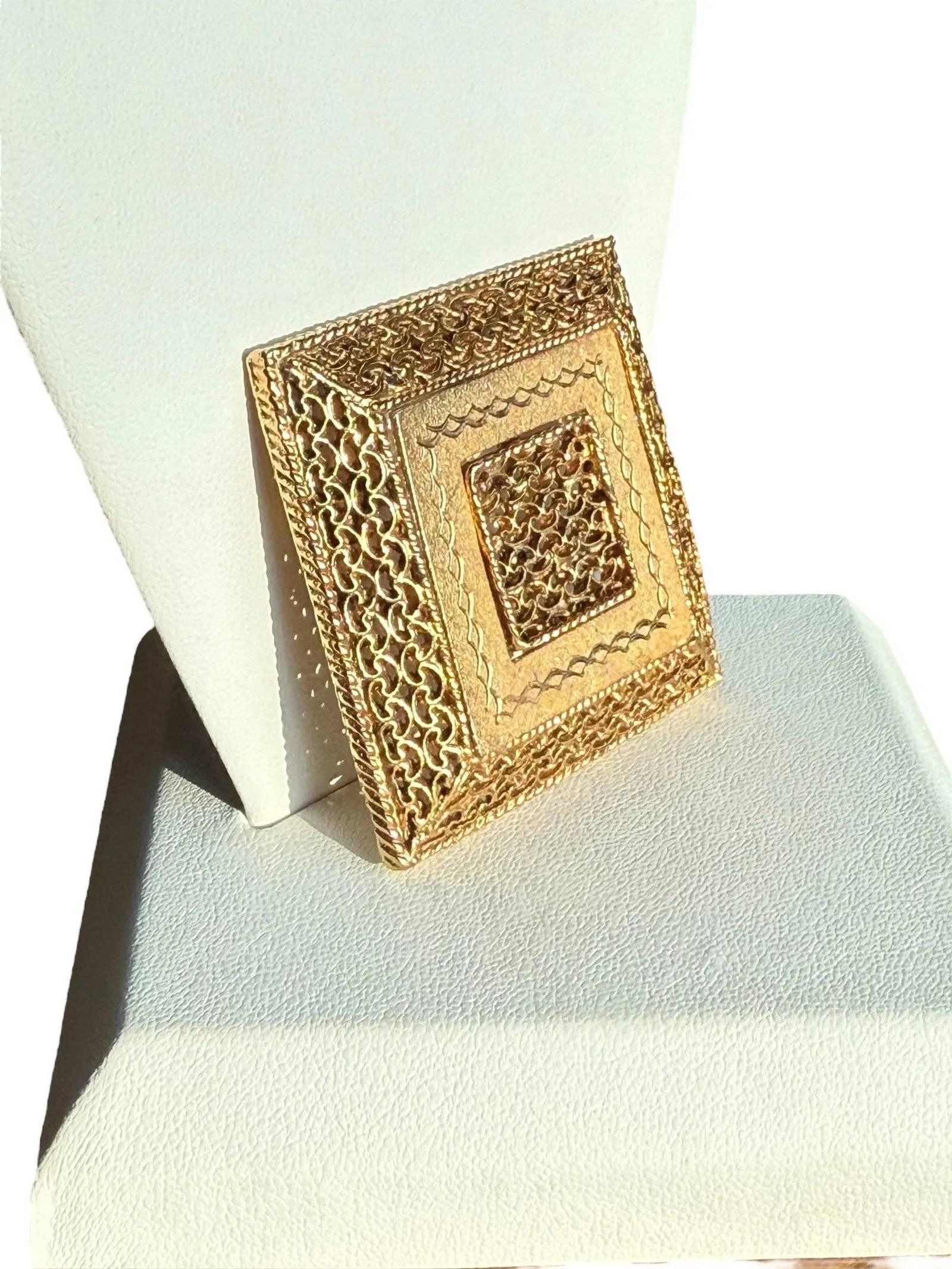 Vintage 1960's Etruscan Revival Square Textured Filigree Brooch - 3