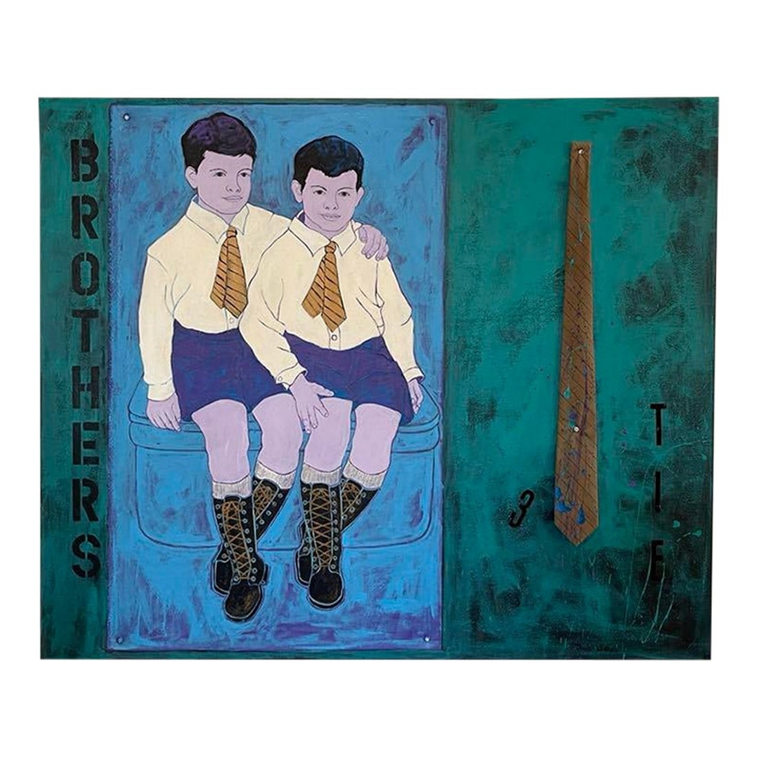 Tie Brothers, Original Acrylic Painting by Marie Straw (1894-1996): This acrylic on canvas painting features two young boys, presumably brothers, dressed identically in school uniforms with yellow shirts, brown ties, blue shorts, and tall lace-up boots. They are