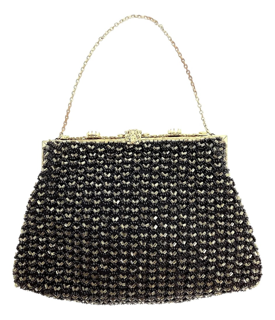 Small French Black & Gold Beaded Evening Purse: This purse is covered front and back with tiny round black glass beads combined with tiny tube beads in gold. The pattern is a beauty. The top of the frame is very delicate filigree gold with 2