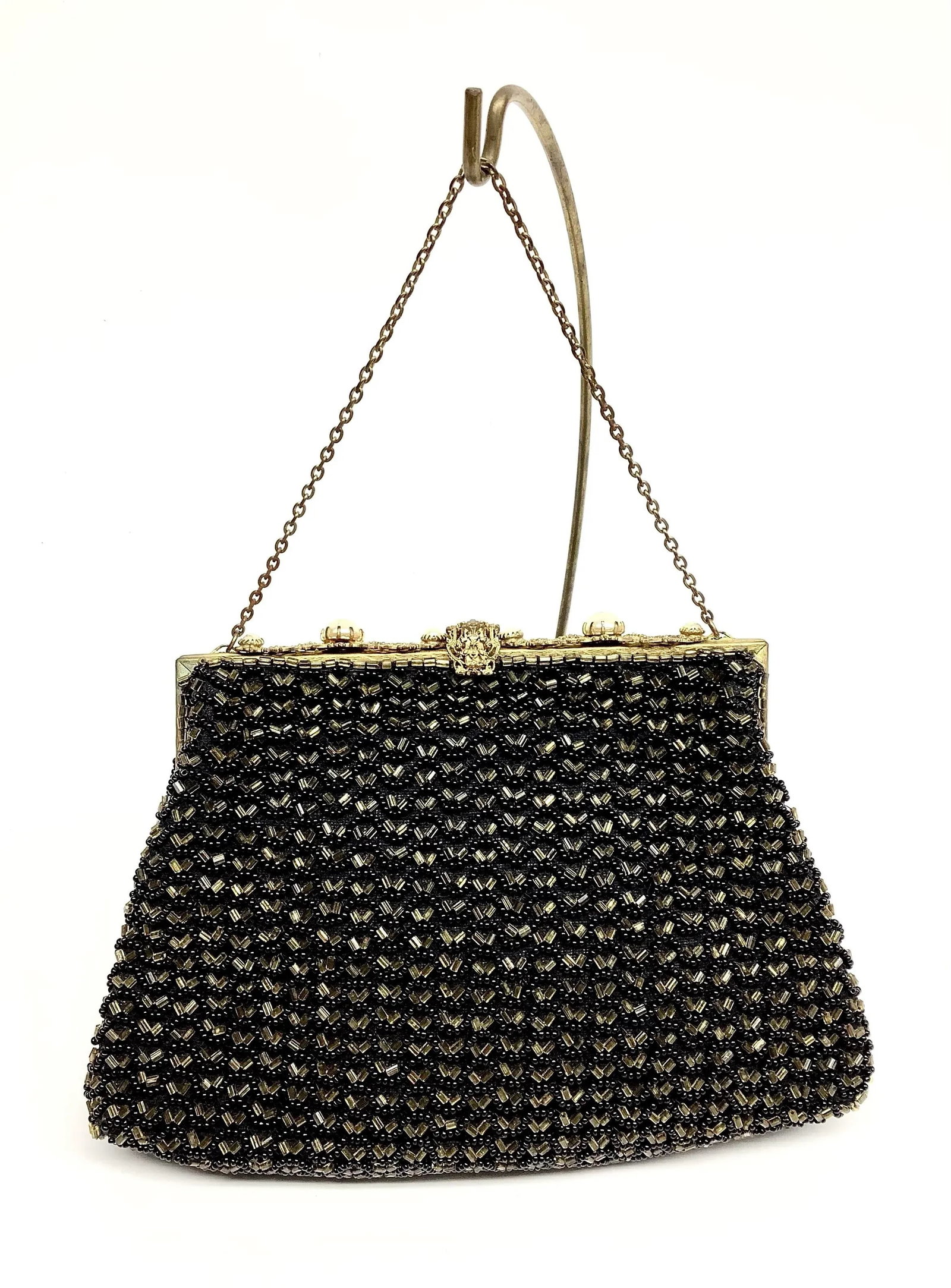Small French Black & Gold Beaded Evening Purse - 3