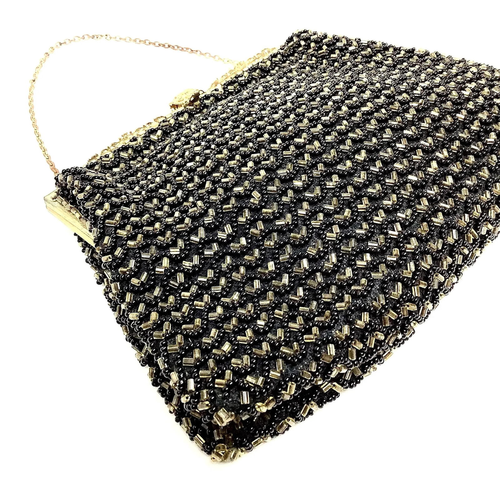 Small French Black & Gold Beaded Evening Purse - 4