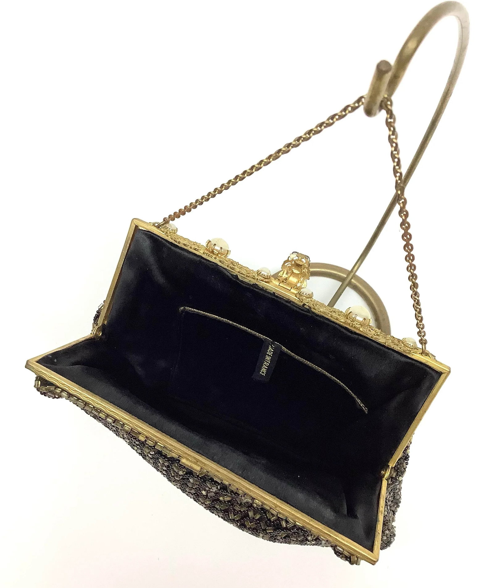 Small French Black & Gold Beaded Evening Purse - 5